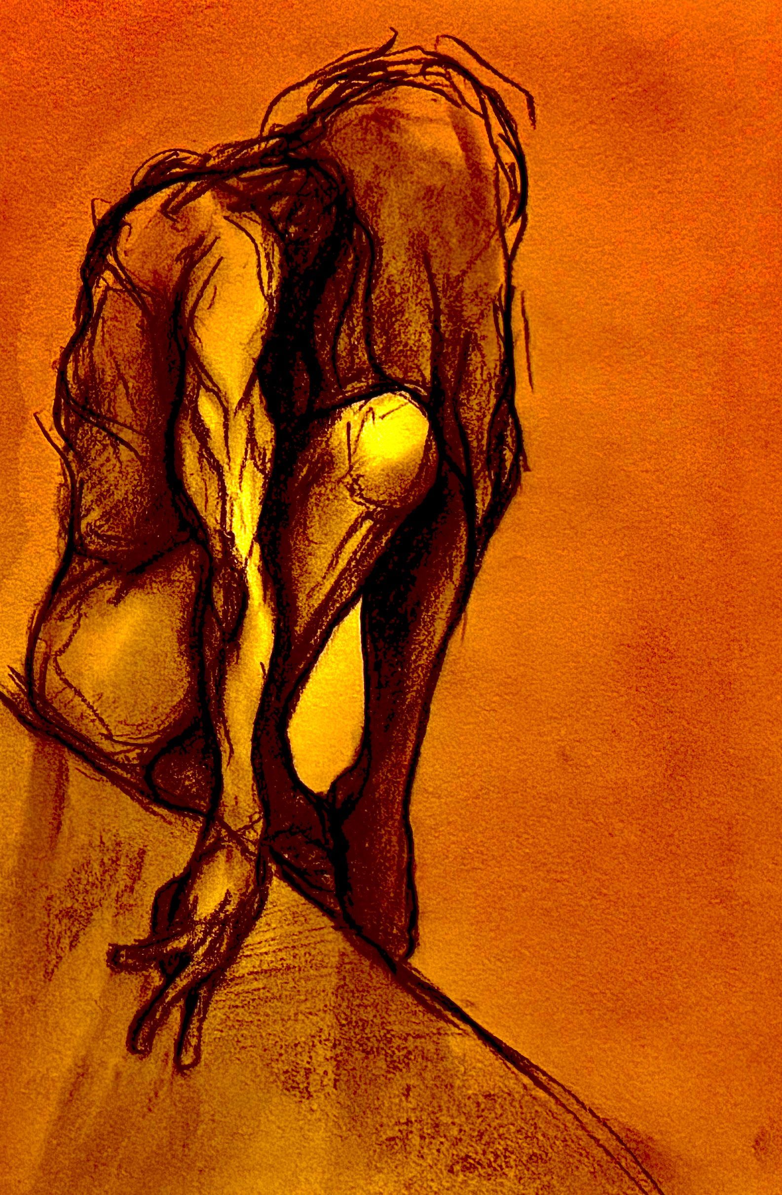 Abstracte, sepia-getinte tekening van een gebogen figuur met langgerekte ledematen in een donkere, schetsmatige stijl.