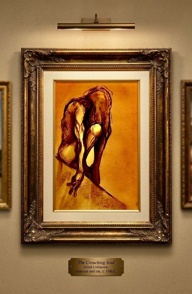 Ingelijst sepia-schilderij van een abstracte naaktfiguur aan een galeriemuur, verlicht door een kleine spot.