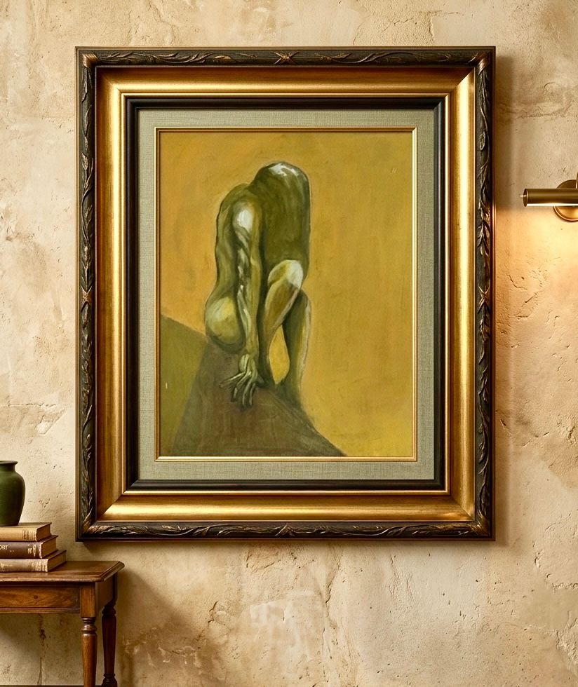 Ingelijst abstract schilderij van een zittende figuur in het groen op een beige muur.