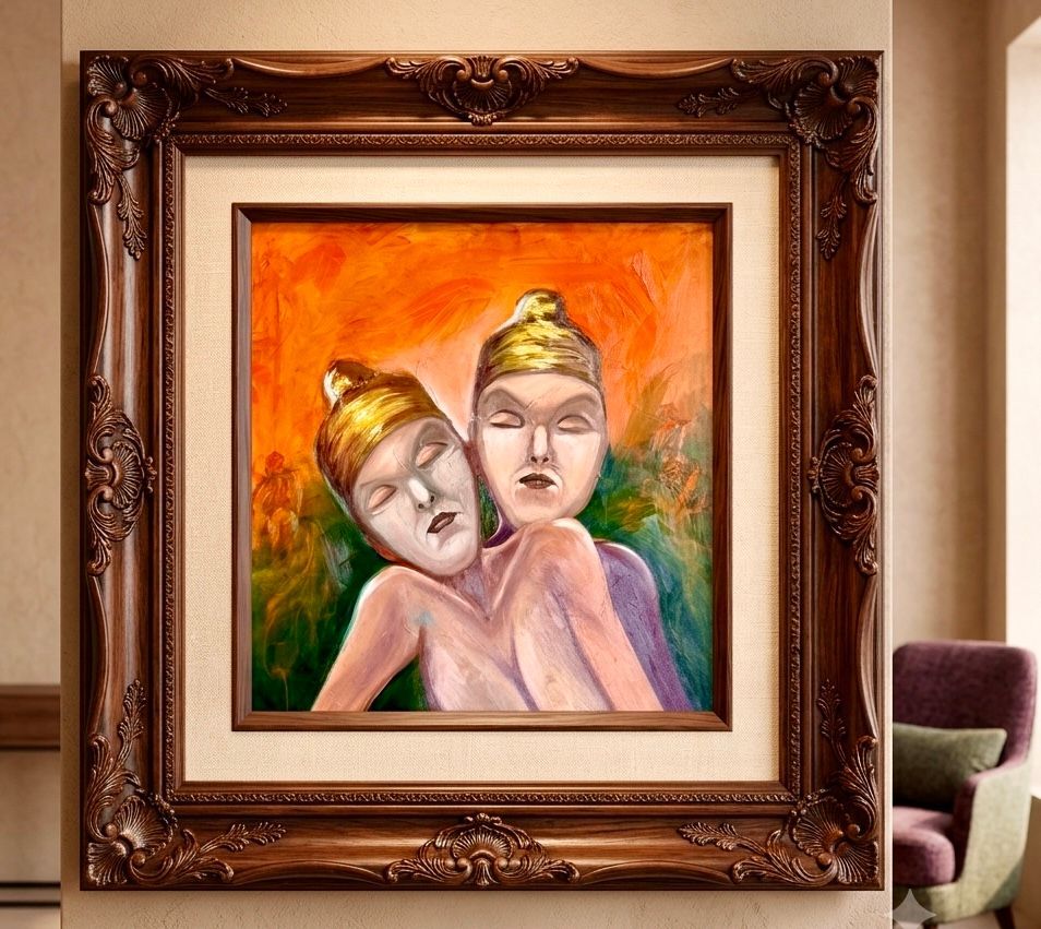 Ingelijst abstract portret in warme oranje tinten, hangend aan de muur naast een stoel.