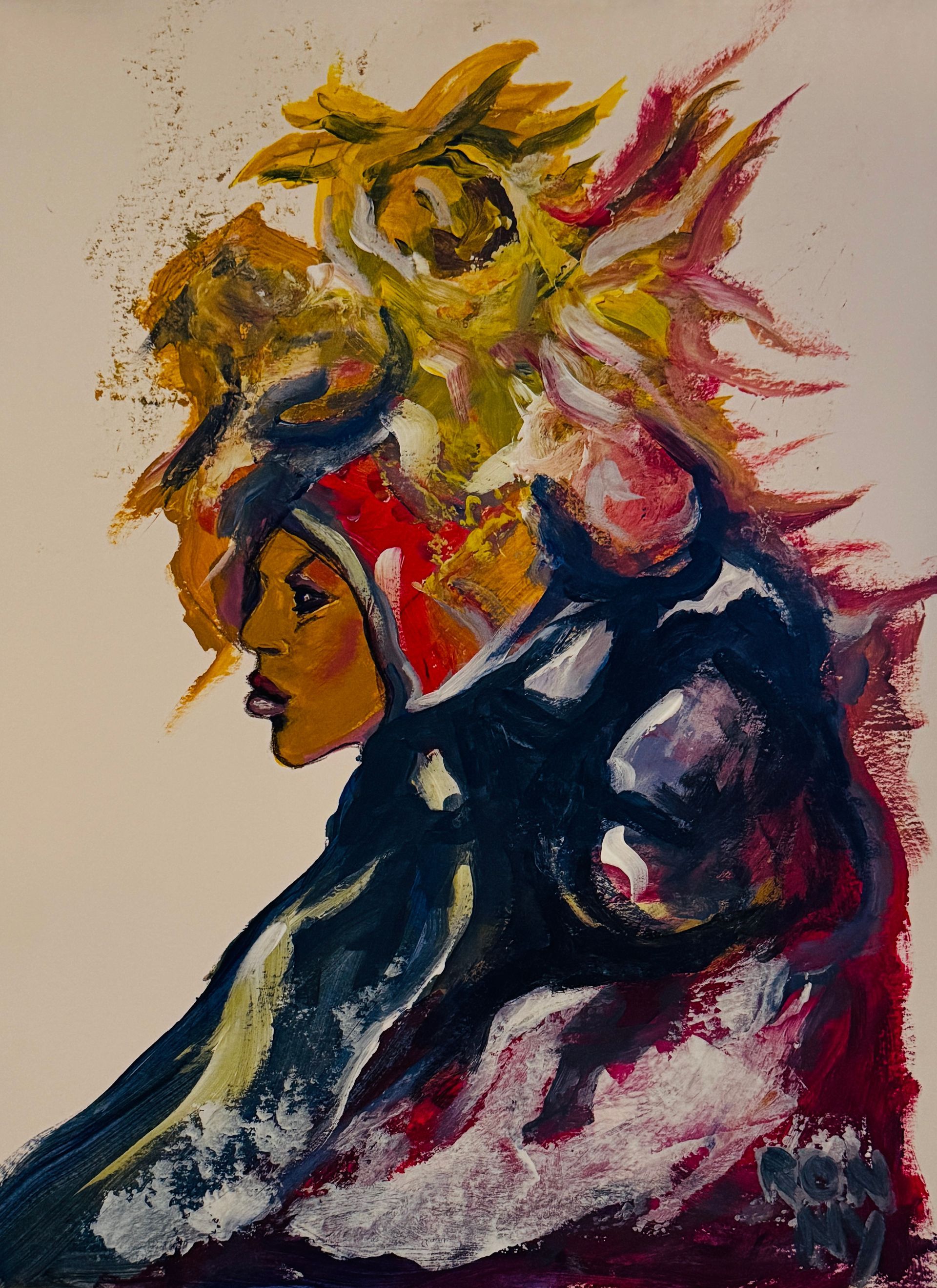 Abstract aquarelportret van een persoon met warrig blond haar in zwarte, roze en oranje tinten.