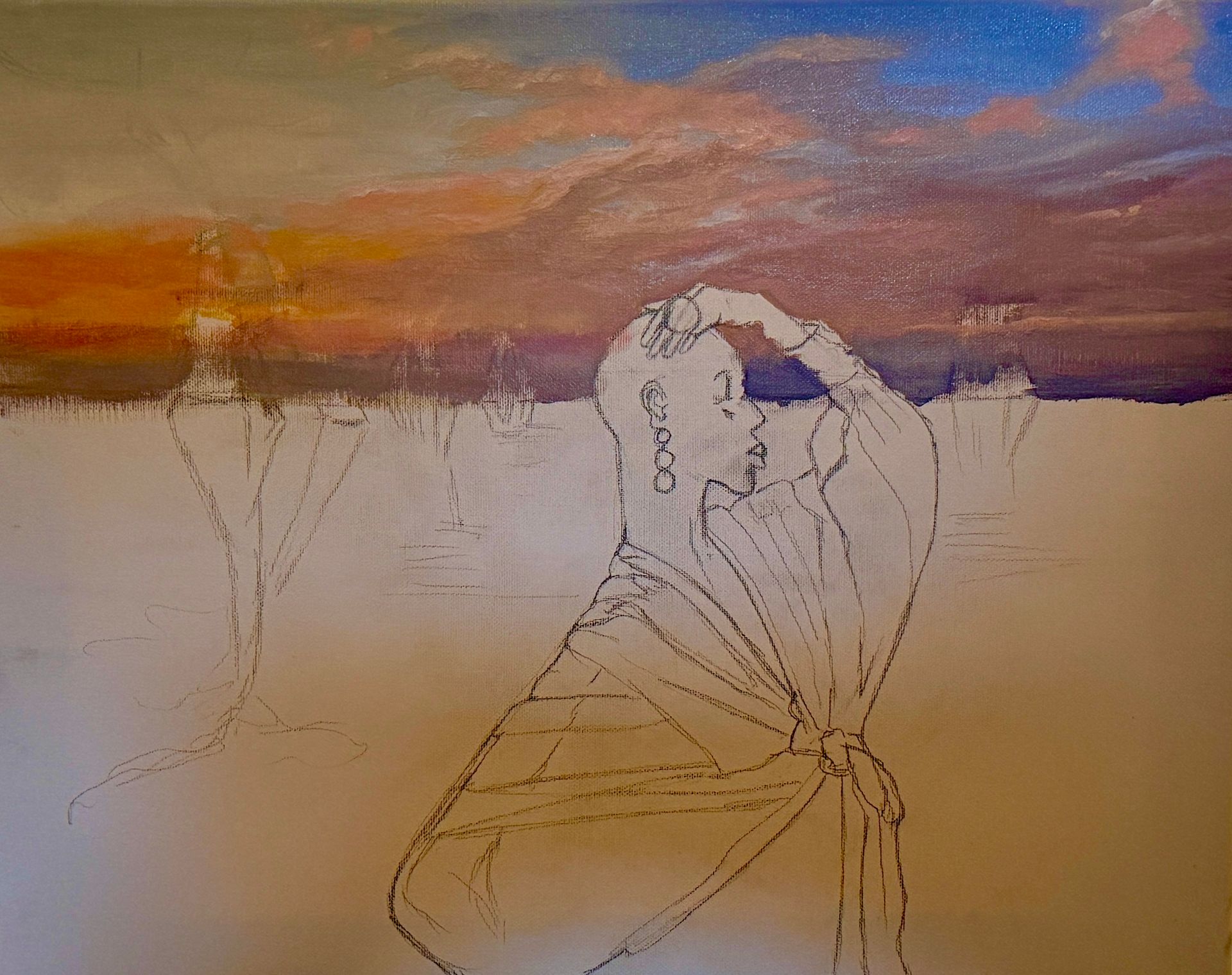 Schets van een zittende figuur tegen een warme oranje en paarse zonsondergang boven een bleek landschap.