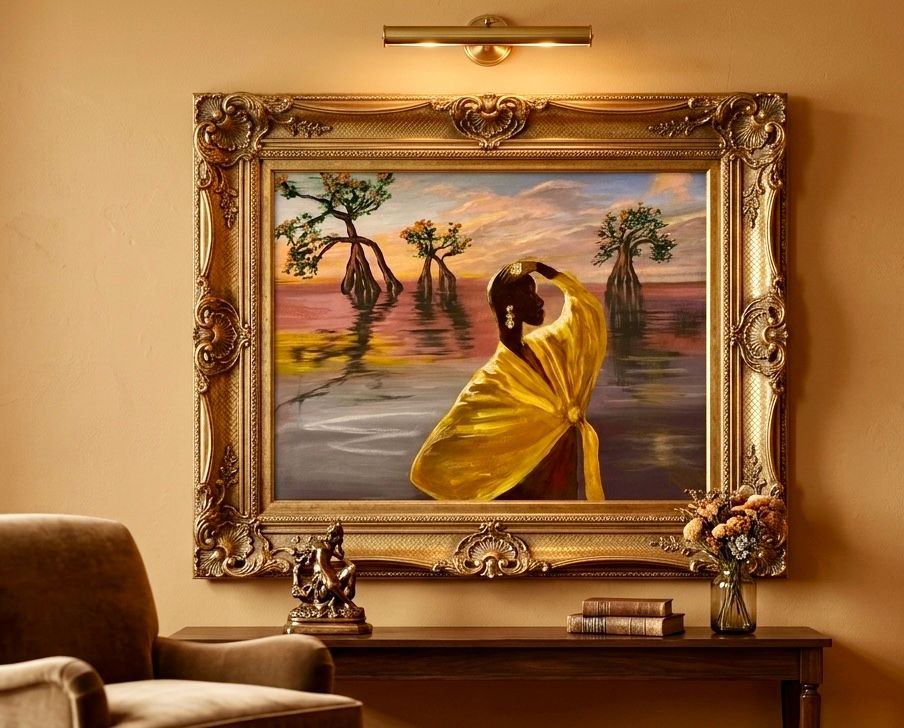 Ingelijst schilderij van een zonsondergang met een vrouw in een gouden jurk aan het water, boven de schoorsteenmantel in een gezellige kamer.