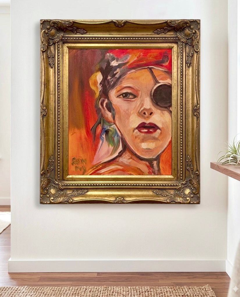 Ingelijst abstract portret met warme rode en oranje tinten, hangend aan een witte muur.