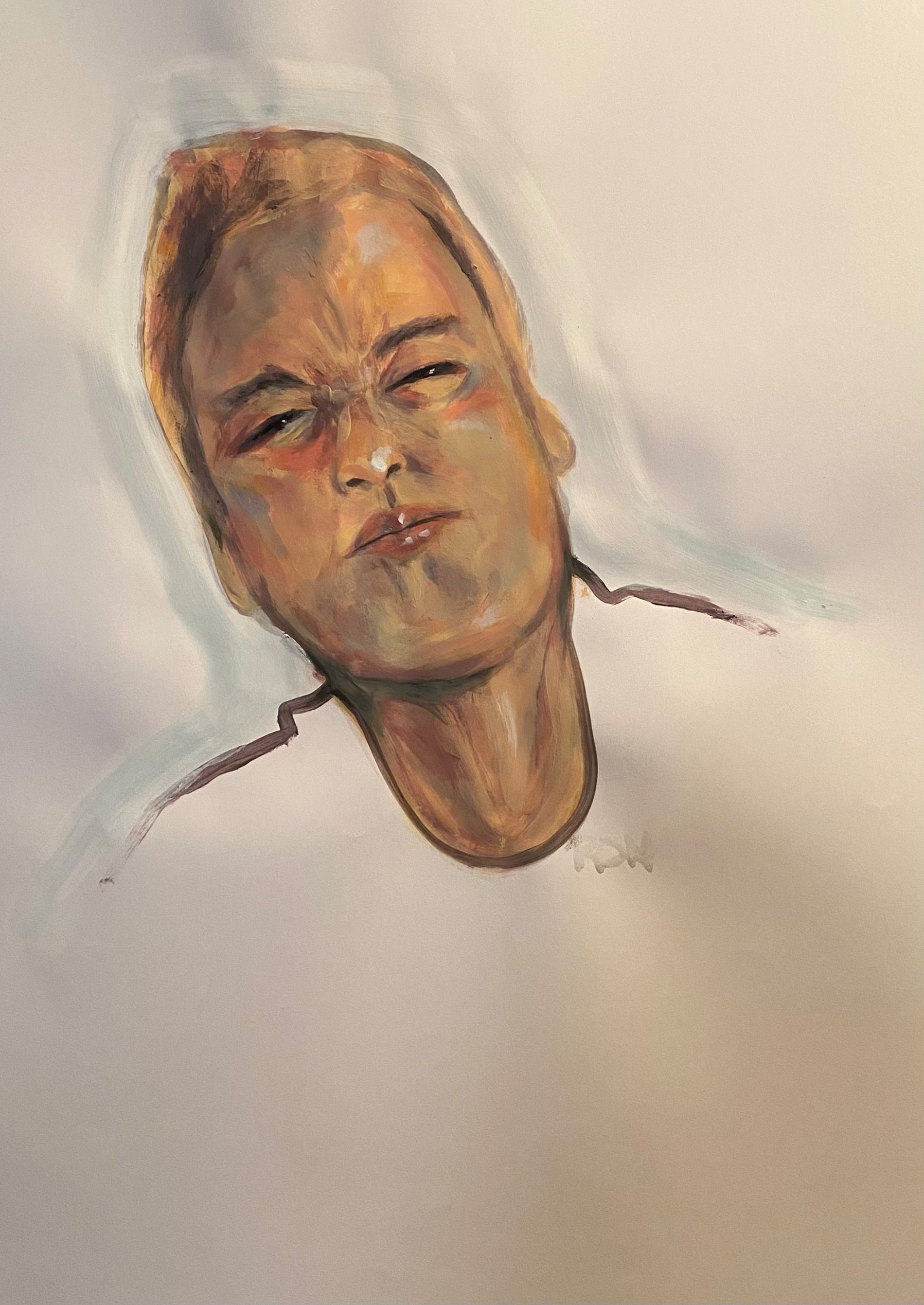 Portretschets van een persoon met een warm getinte huid en gesloten ogen tegen een lichte achtergrond.