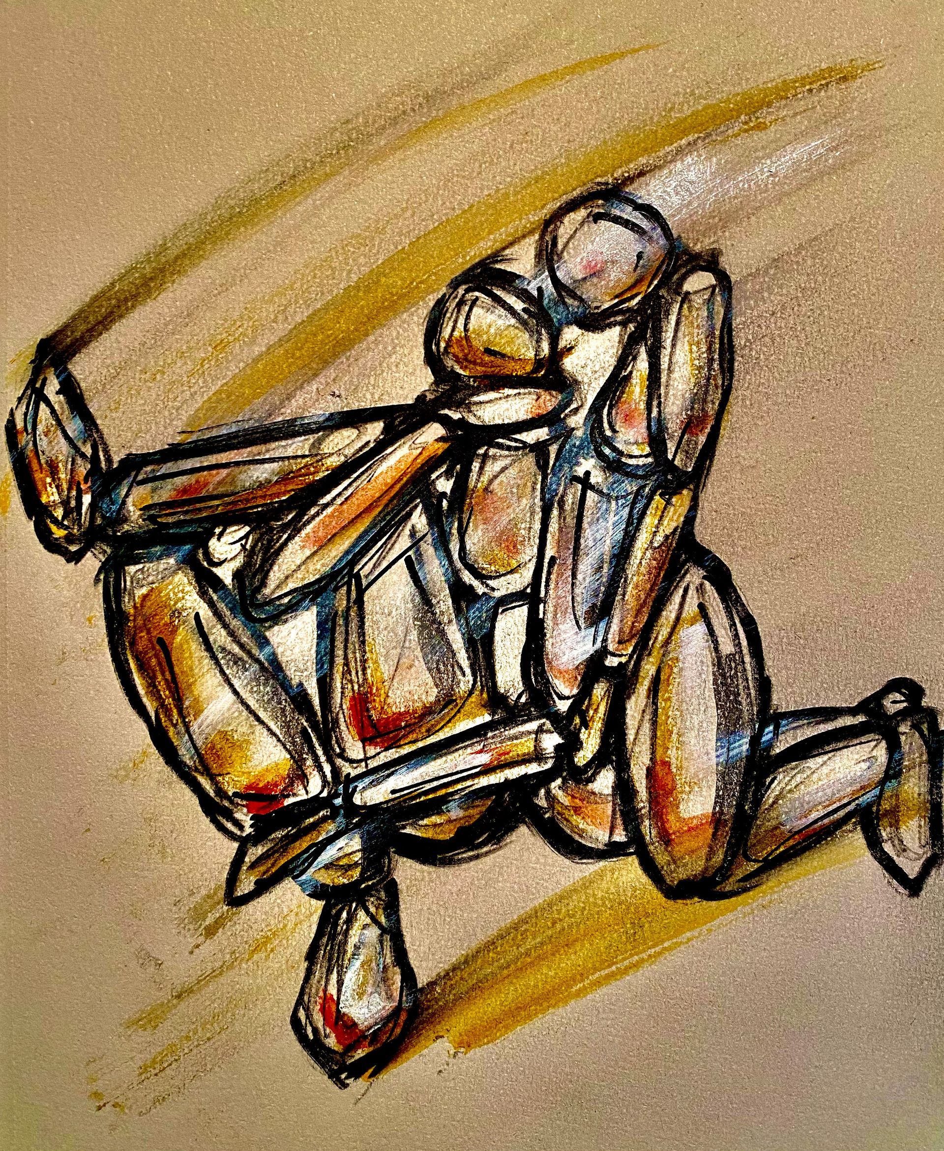 Twee abstracte figuren in een schetsmatige omhelzing, omlijnd in zwart met warme oranje en gouden tinten.