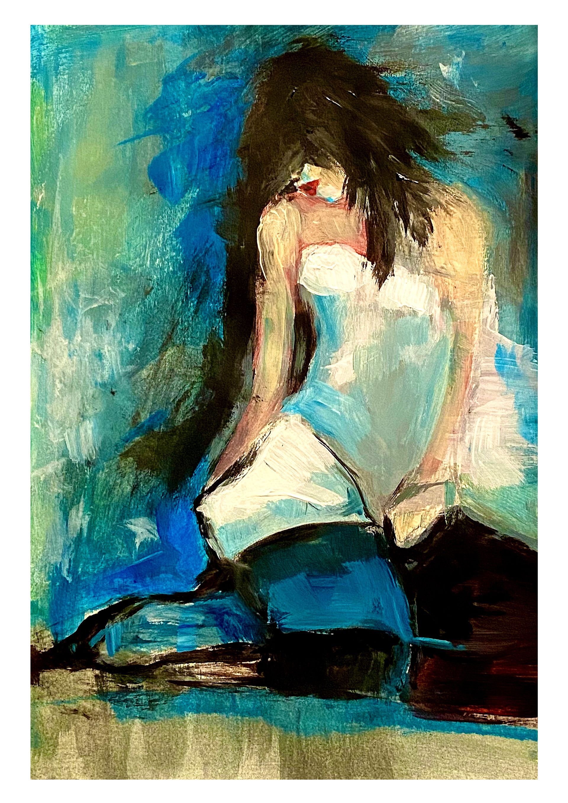 Abstract schilderij van een zittende figuur in blauw en wit tegen een turquoise achtergrond.