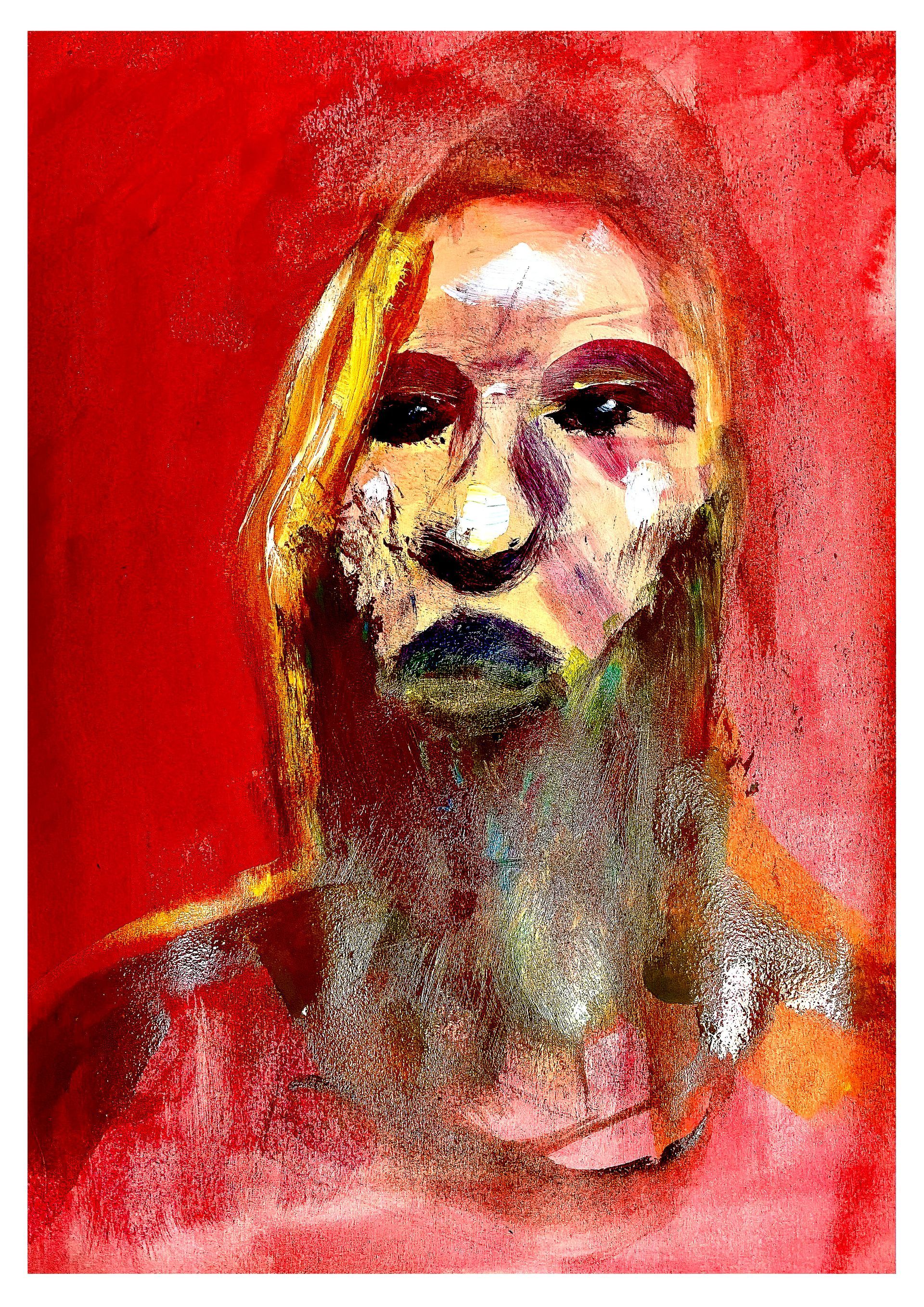 Abstract rood portret van een bebaarde persoon met een somber gezicht en gele accenten in het haar.