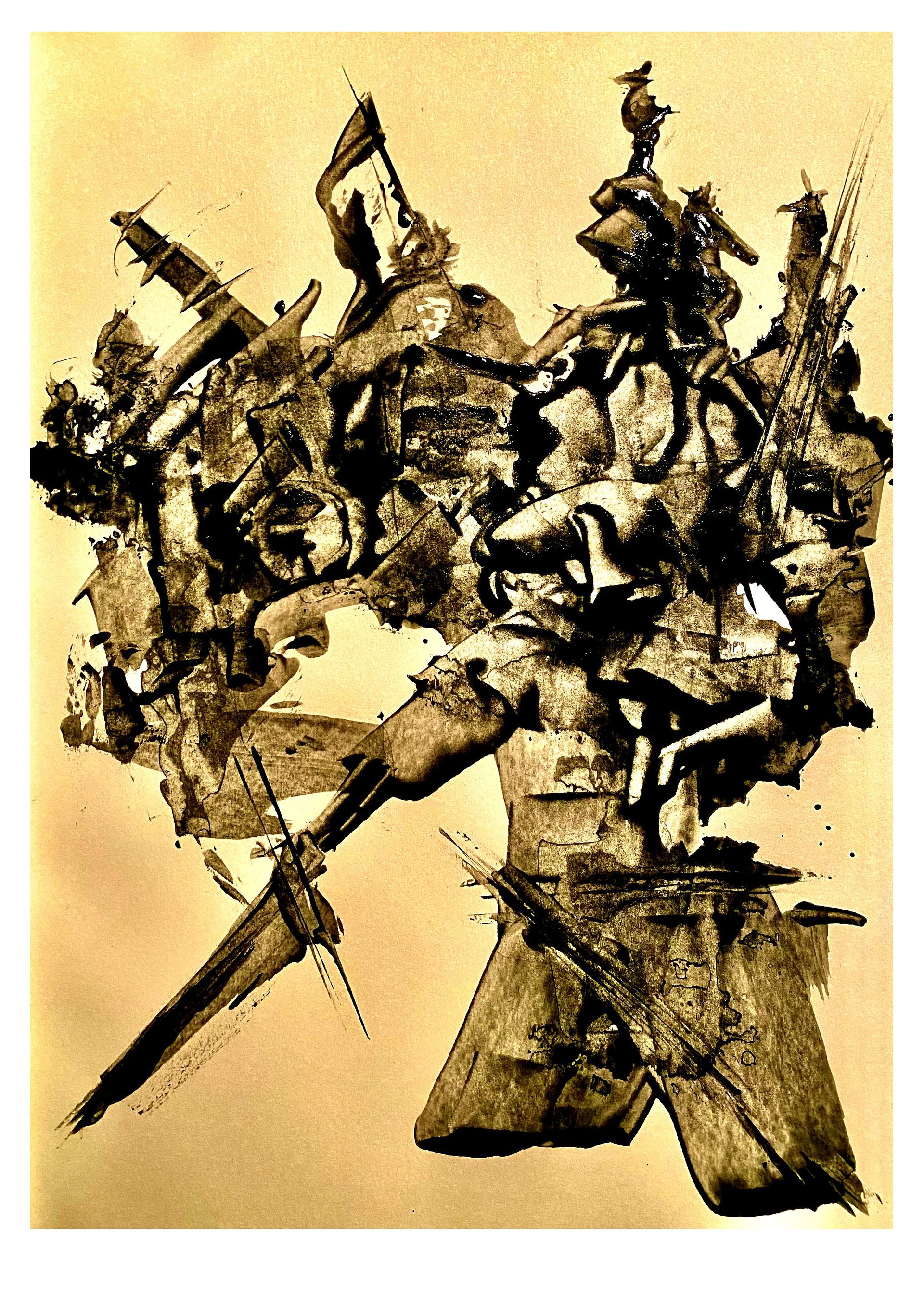 Abstracte sepia-collage van verstrengelde figuren en wapens, met scherpe hoekige vormen op een beige, gestructureerde achtergrond.