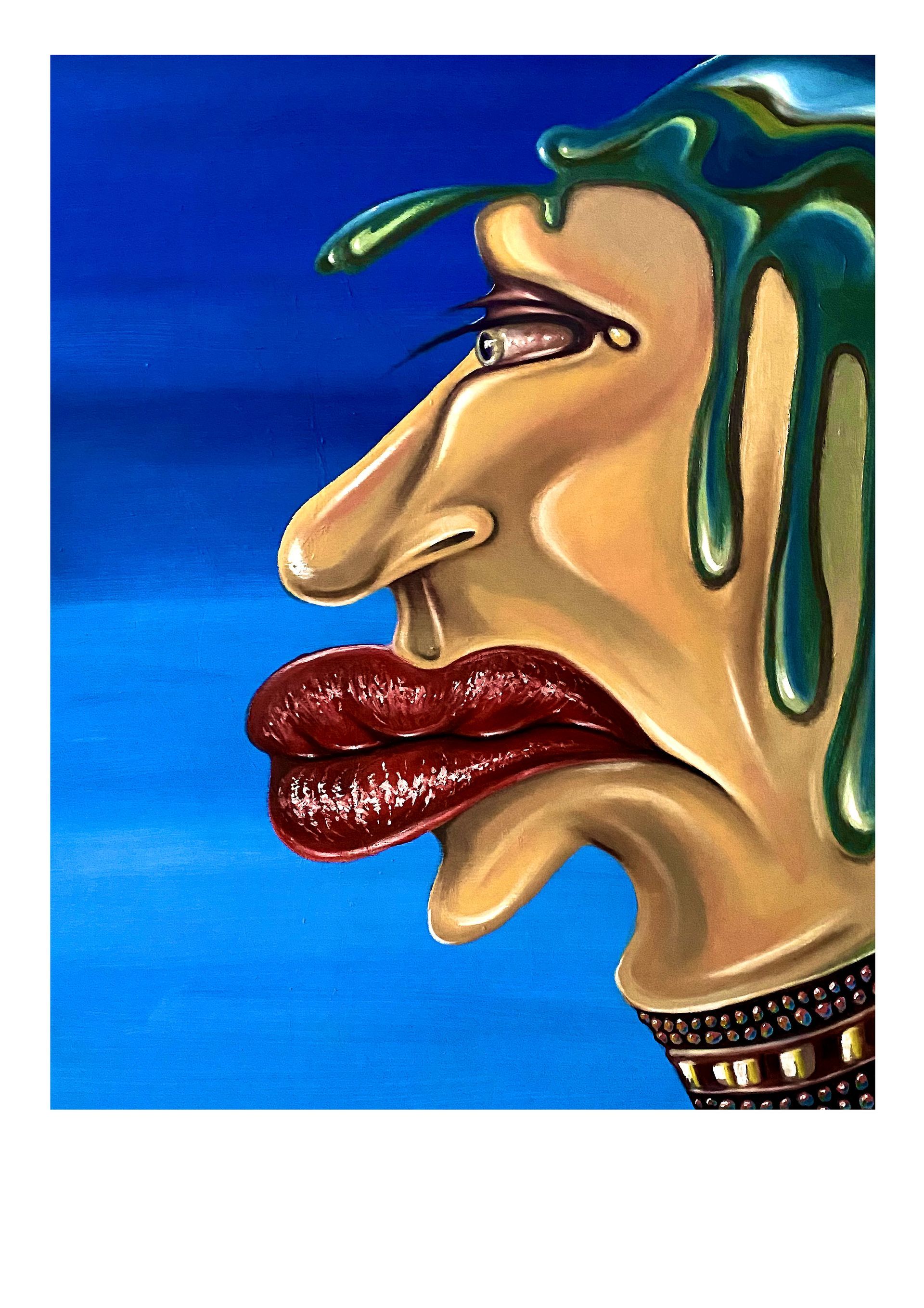 Gestileerd profielportret met overdreven lippen en druipend groen haar tegen een blauwe achtergrond.
