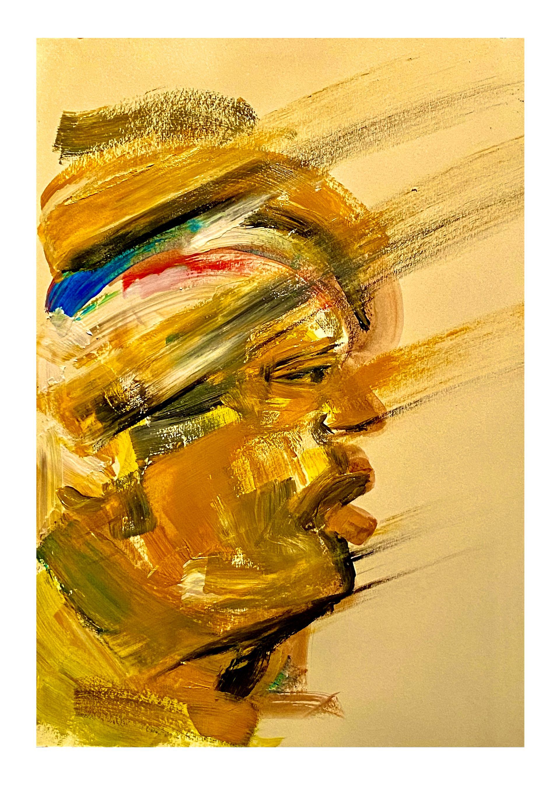 Abstract portret in warme geeltinten, met een zijprofiel, uitgevoerd in krachtige penseelstreken en met rood-blauwe accenten.