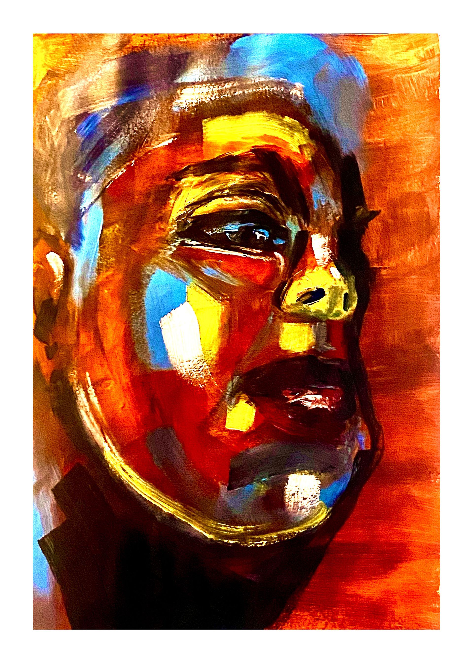 Kleurrijk abstract portret van een gezicht in rode, blauwe, gele en witte tinten, met sterke schaduwen en highlights.