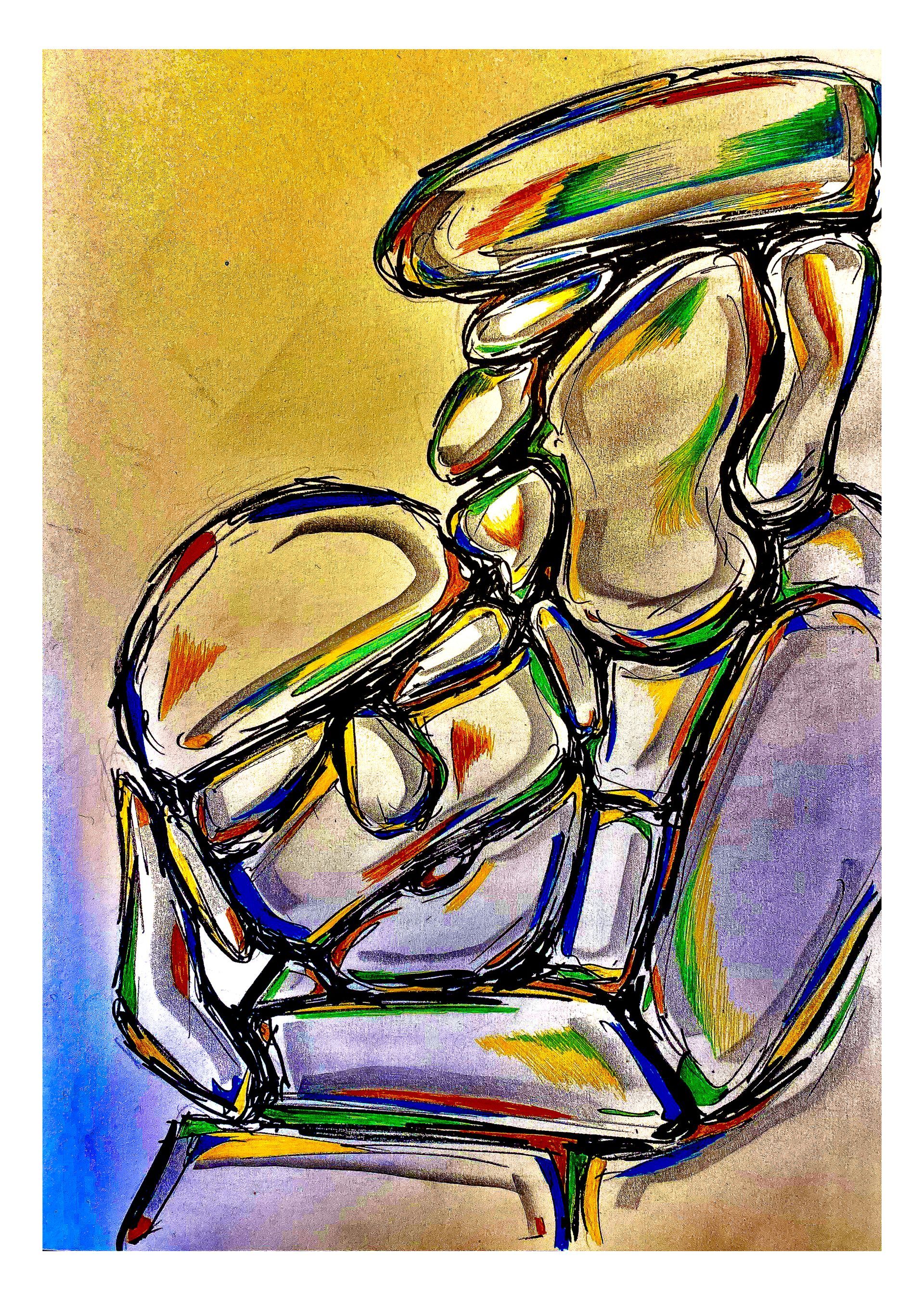 Abstracte, kleurrijke schets van twee omhelzende figuren, met dikke zwarte contouren en een warme gele achtergrond.