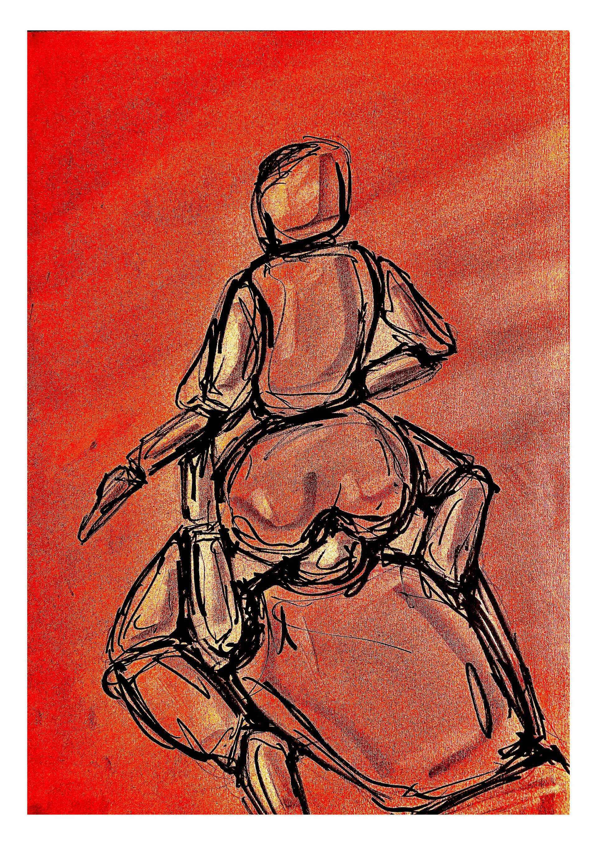 Abstracte schets van twee ruiters te paard, getekend met zwarte lijnen op een rood-oranje achtergrond.