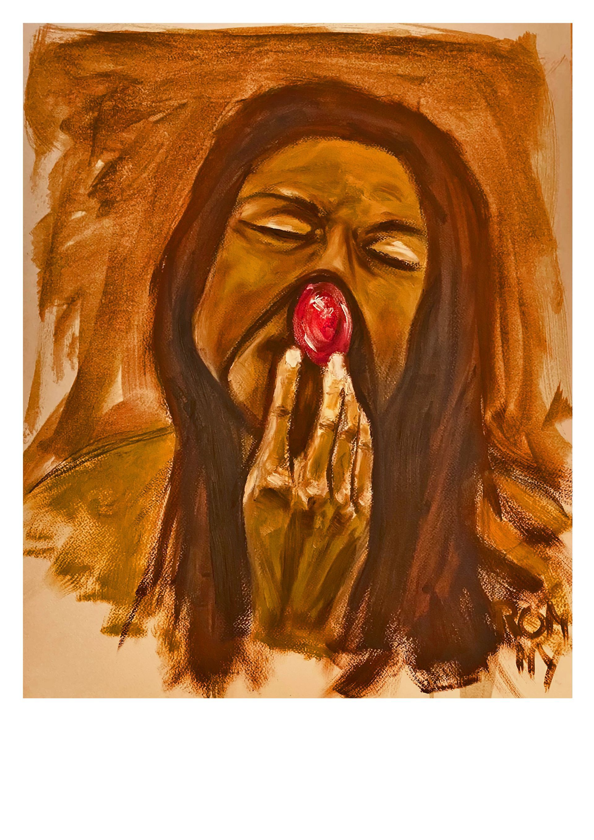 Een schilderij in warme tinten van een persoon met gesloten ogen, die een rode bloem dicht bij het gezicht houdt.