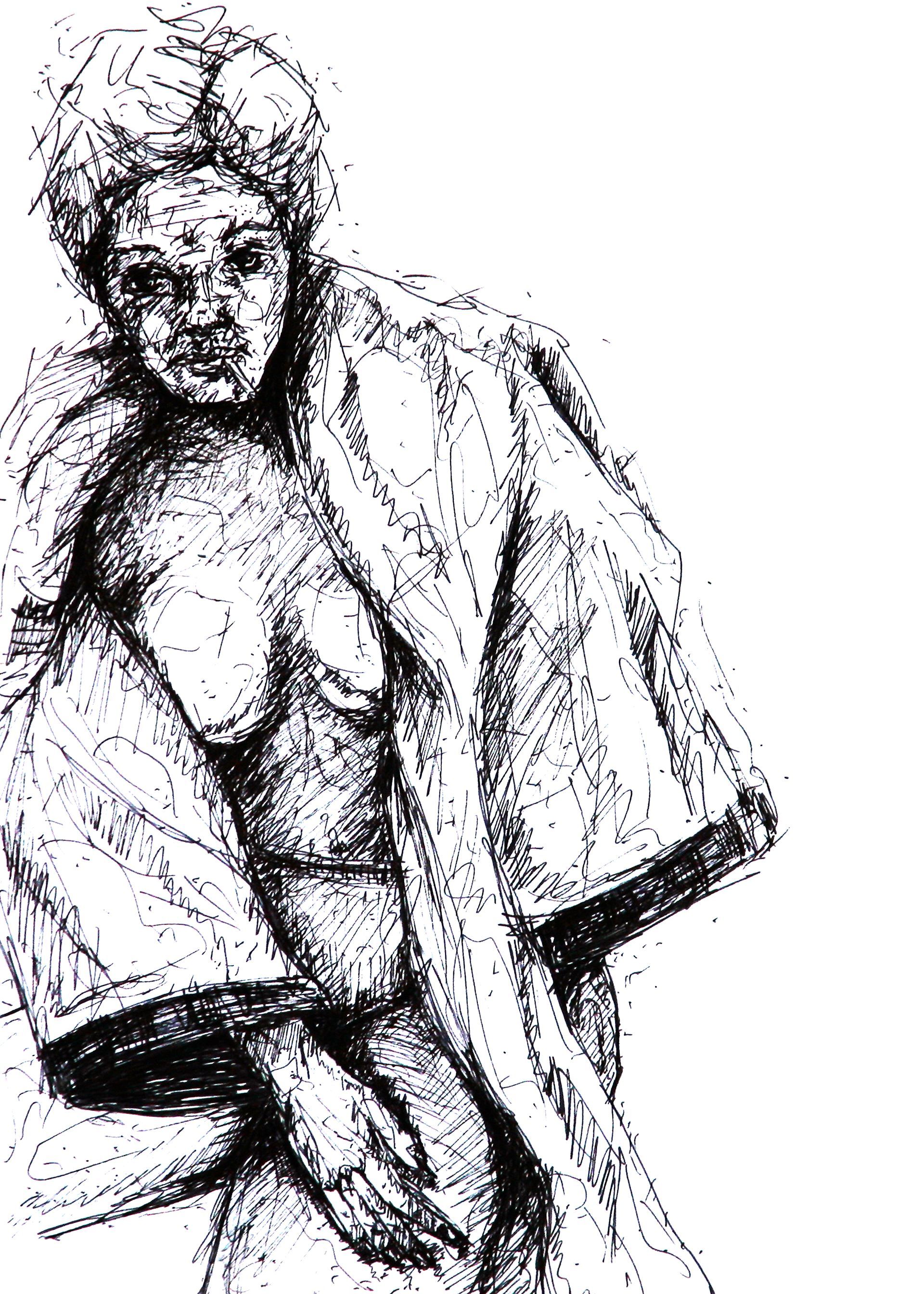 Zwart-wit schets van een zittende figuur in losse kleding, voorovergebogen met het hoofd gebogen.