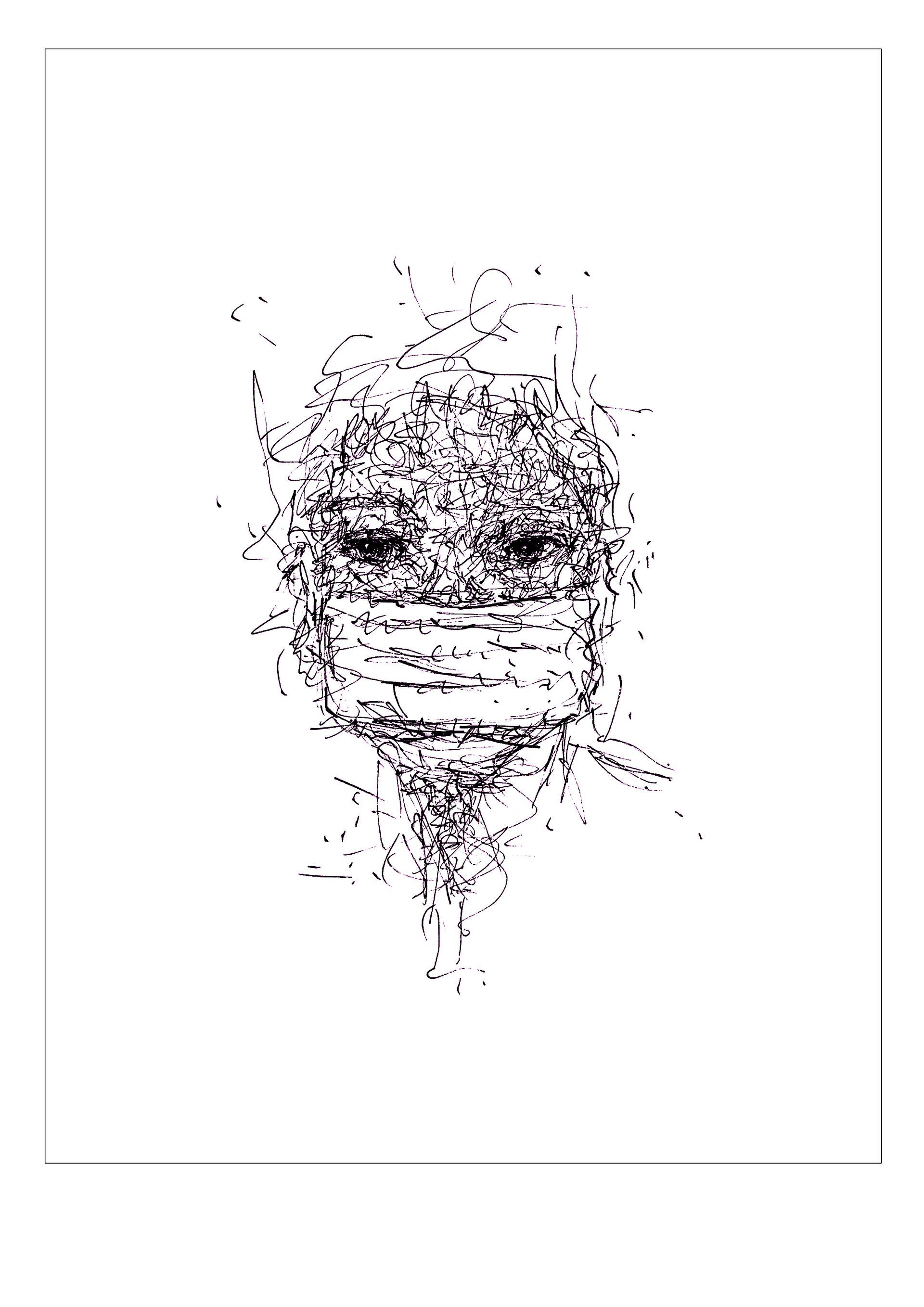 Abstracte schets in zwarte inkt van een gezicht met grote ogen en een neutrale uitdrukking op wit papier.