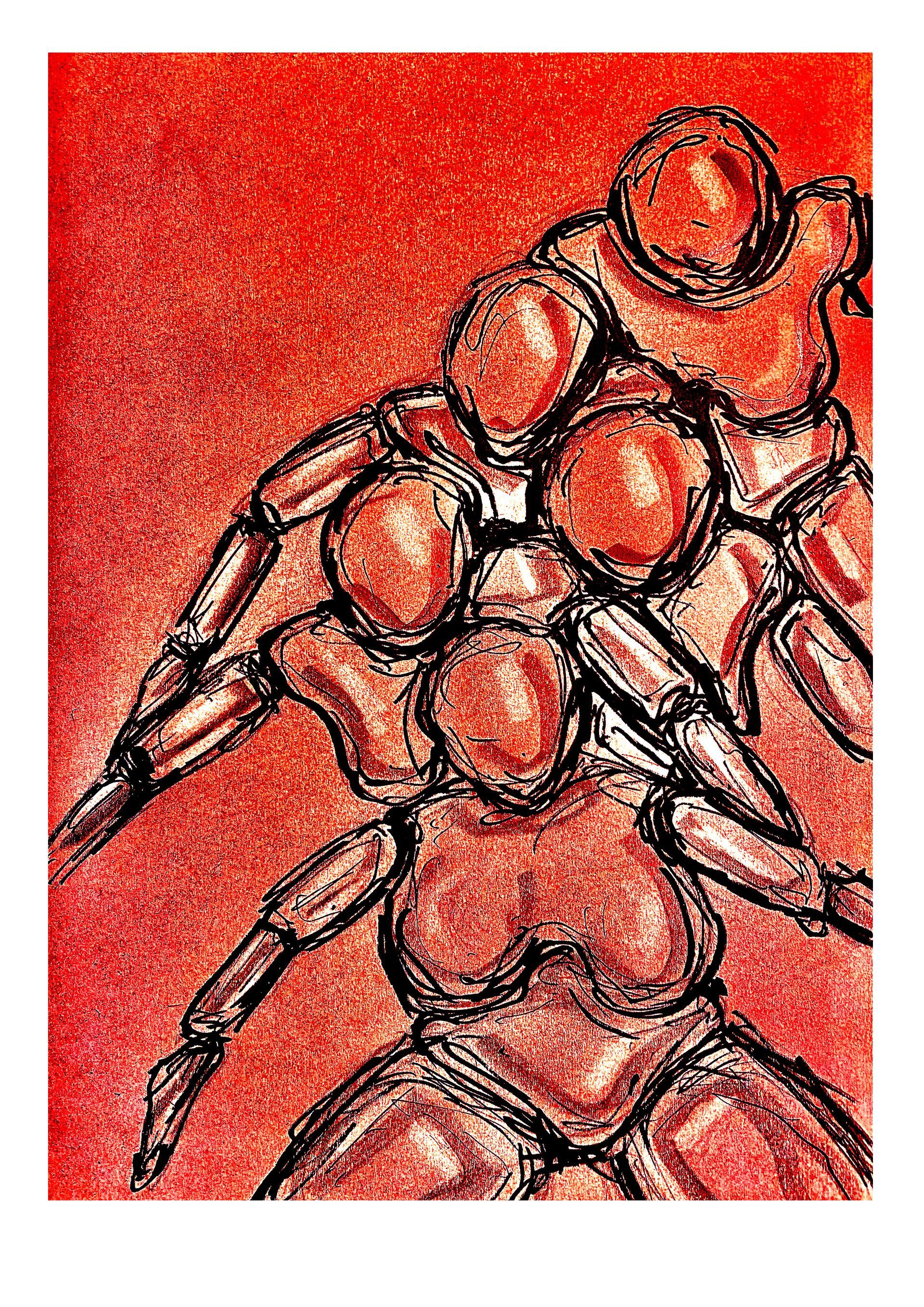 Abstracte rood-zwarte schets van een mensachtige figuur met gelaagde cirkelvormen en uitgestrekte armen.