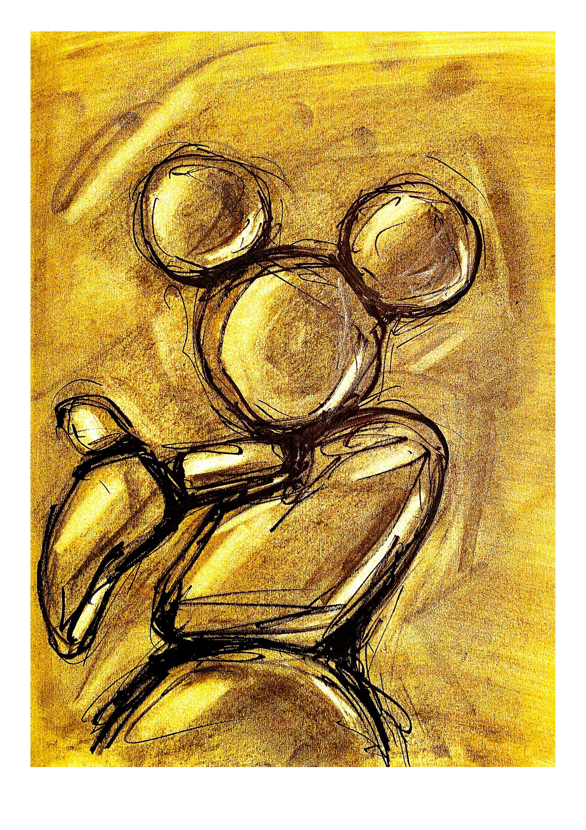 Gestileerde, abstracte gouden schets van een persoon in profiel met een rond hoofd en gebogen handen.