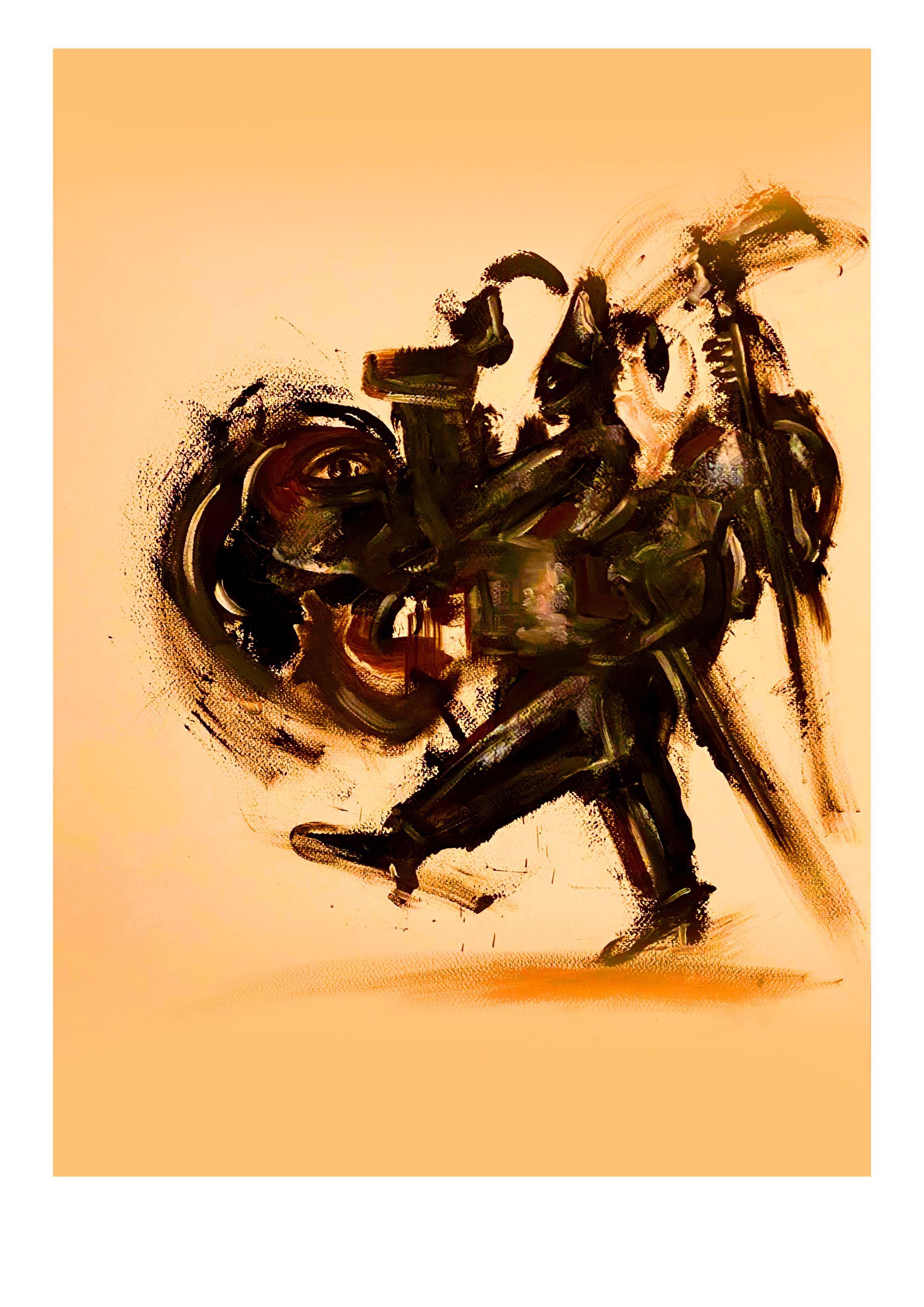 Abstracte donkere figuur in beweging op een warme oranje achtergrond, geschilderd met krachtige penseelstreken.