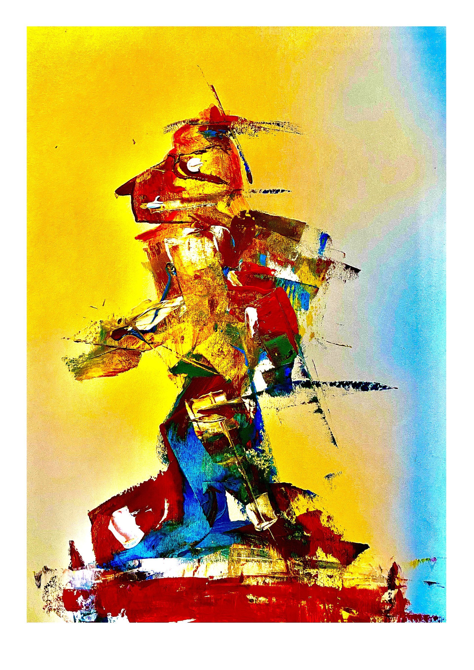 Abstract, kleurrijk schilderij van een gestapelde figuur op een gele achtergrond met blauwe en rode accenten.
