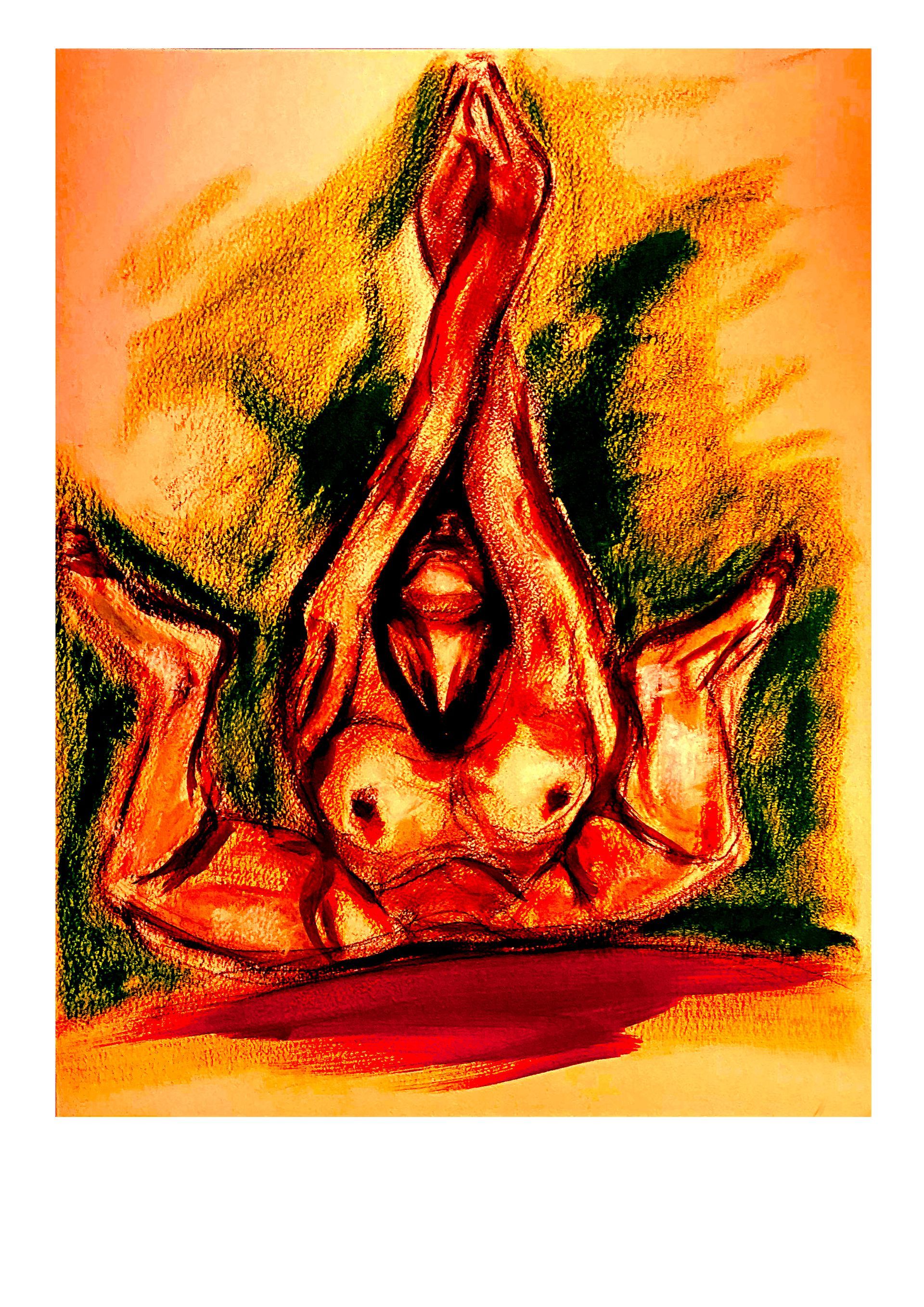 Abstract rood-oranje schilderij van een zittende figuur met opgeheven handen, omgeven door donkergroene en gele penseelstreken.