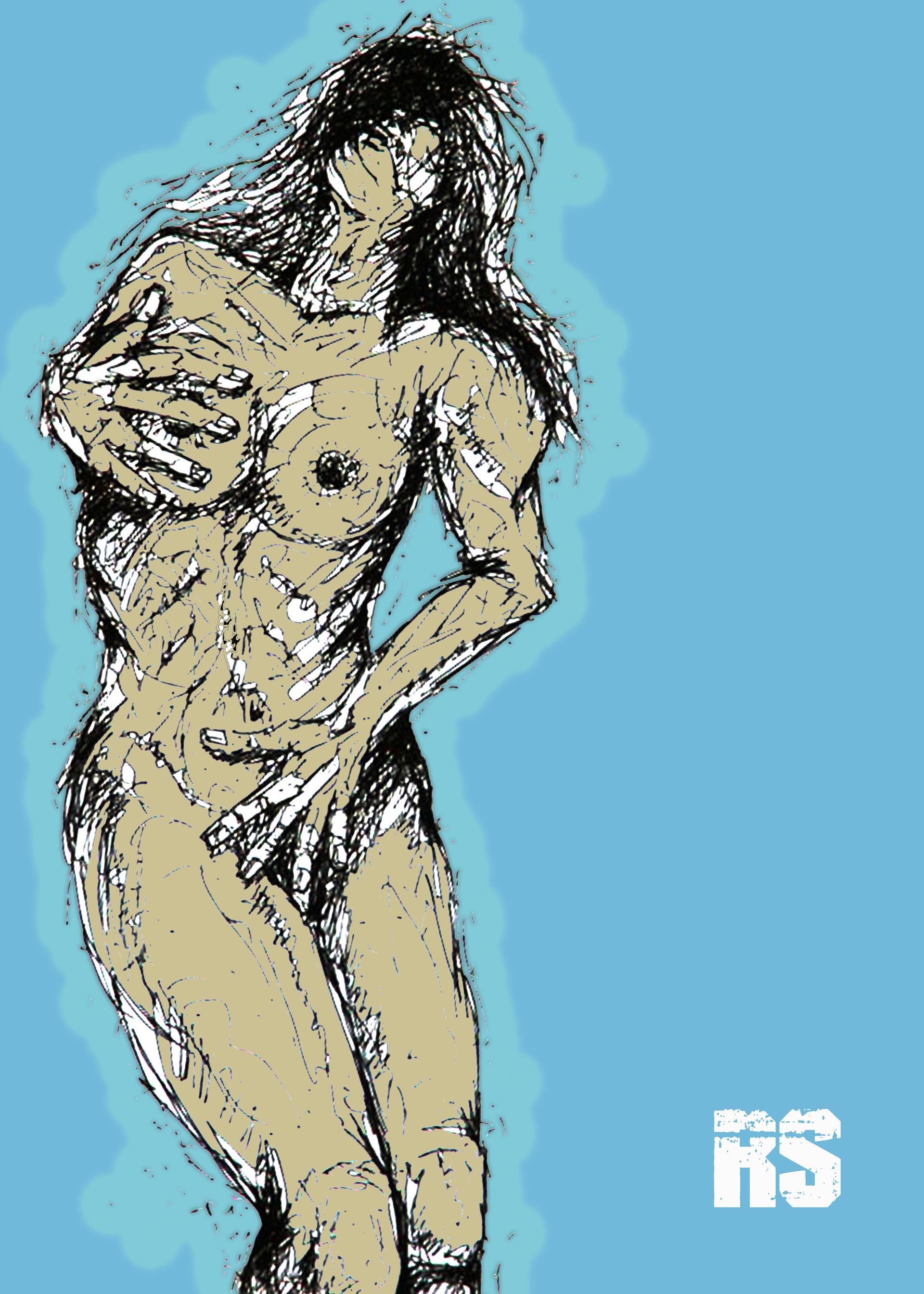 Gestileerde naaktfiguur op een blauwe achtergrond, getekend met schetsmatige zwarte en beige lijnen.
