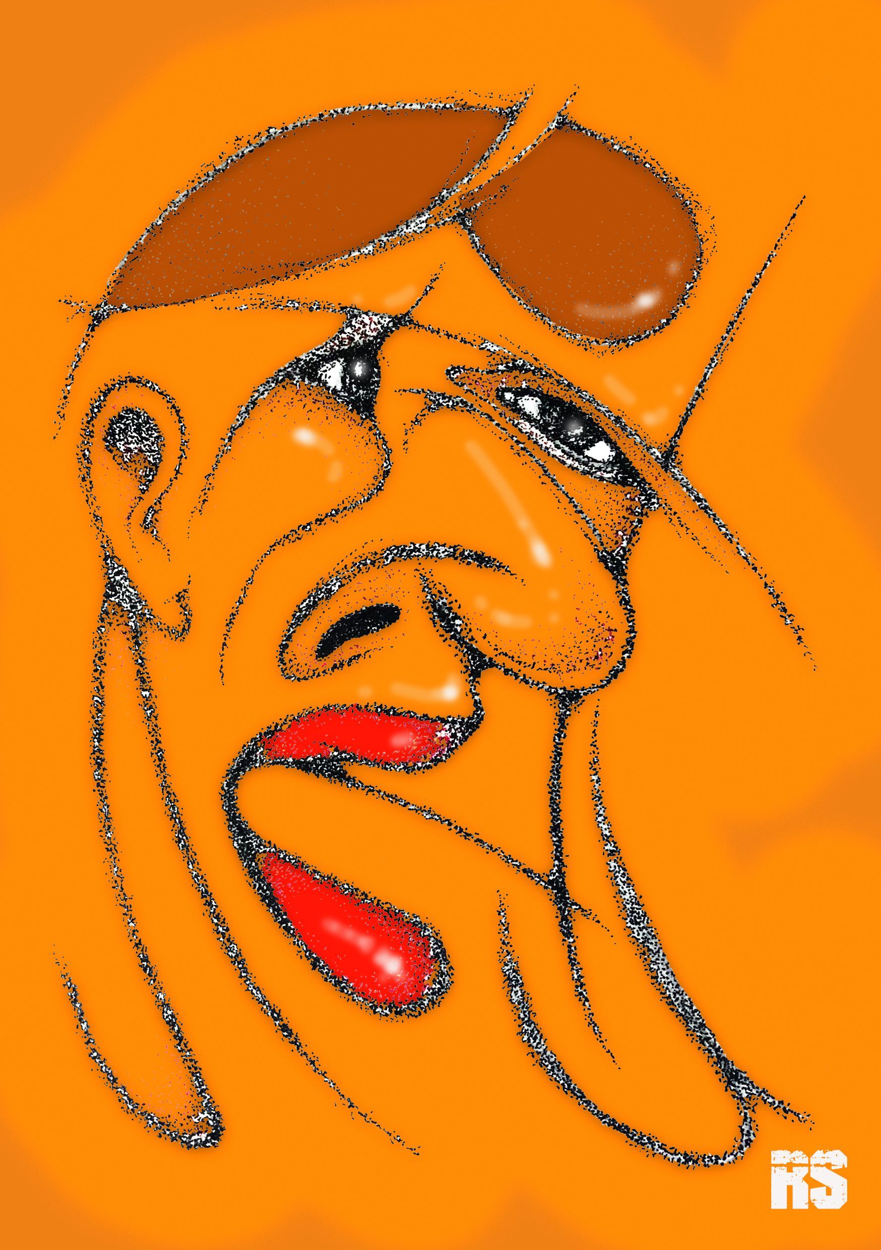 Abstracte illustratie van een oranje gezicht met zwarte contouren en rode lippen, dat naar beneden kijkt.