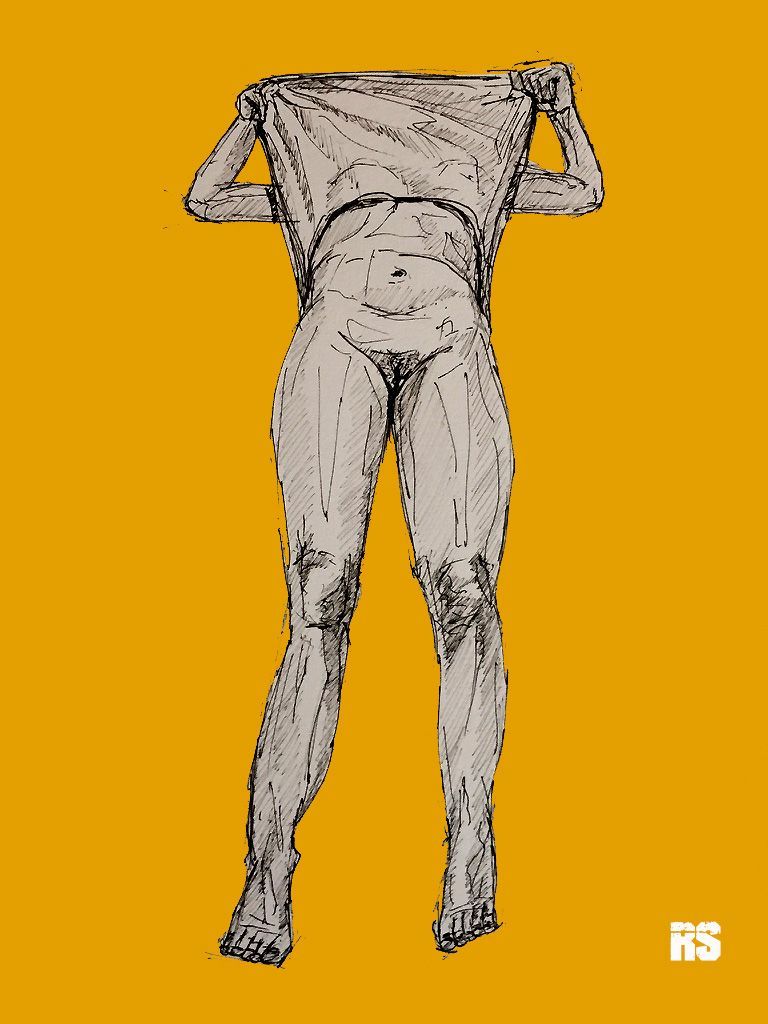 Schets van een naakt menselijk figuur dat een doek boven het hoofd houdt, tegen een oranje achtergrond.