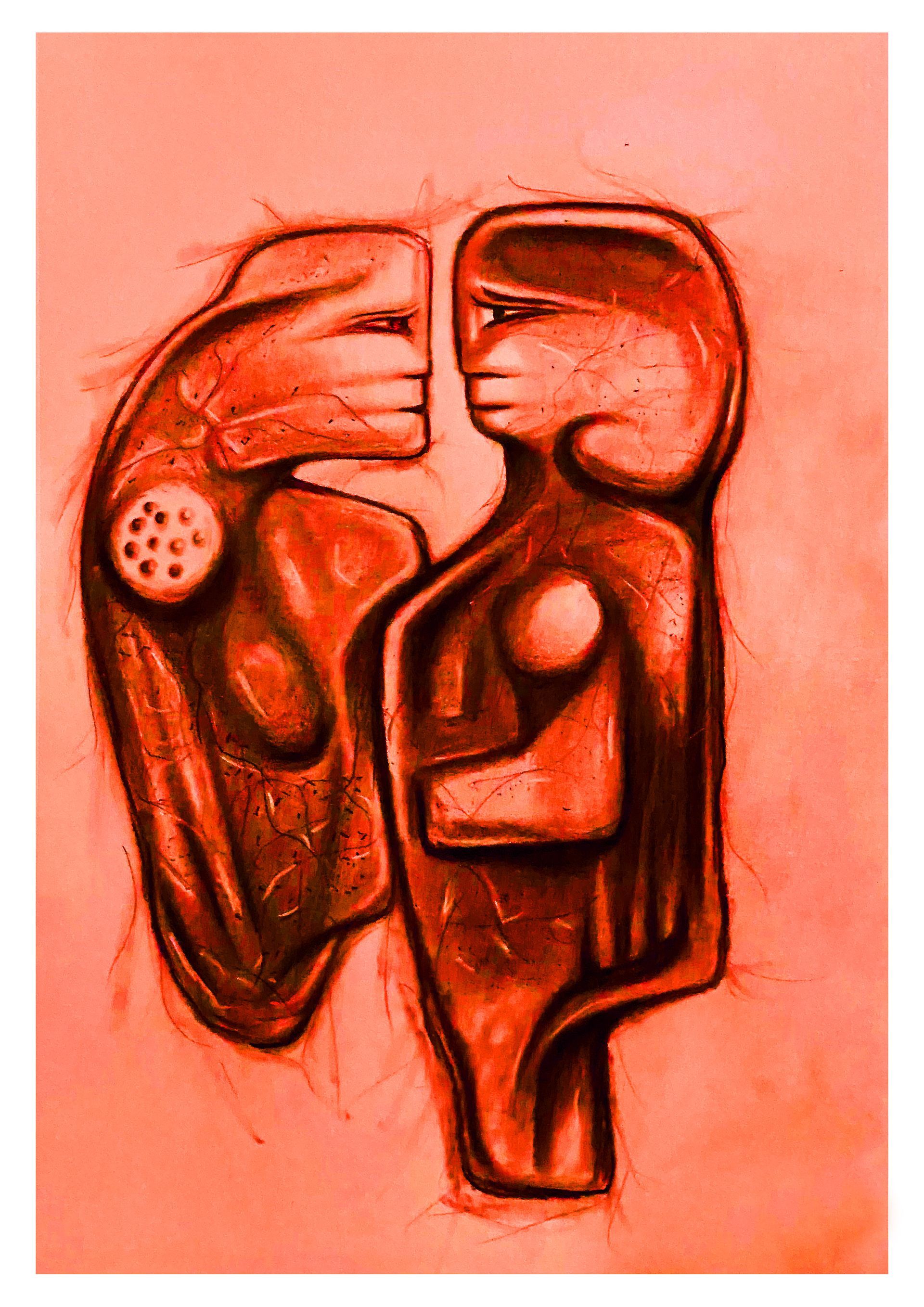Twee abstracte figuren in warme rood-oranje tinten, tegenover elkaar met de handen tussen zich in omhoog.