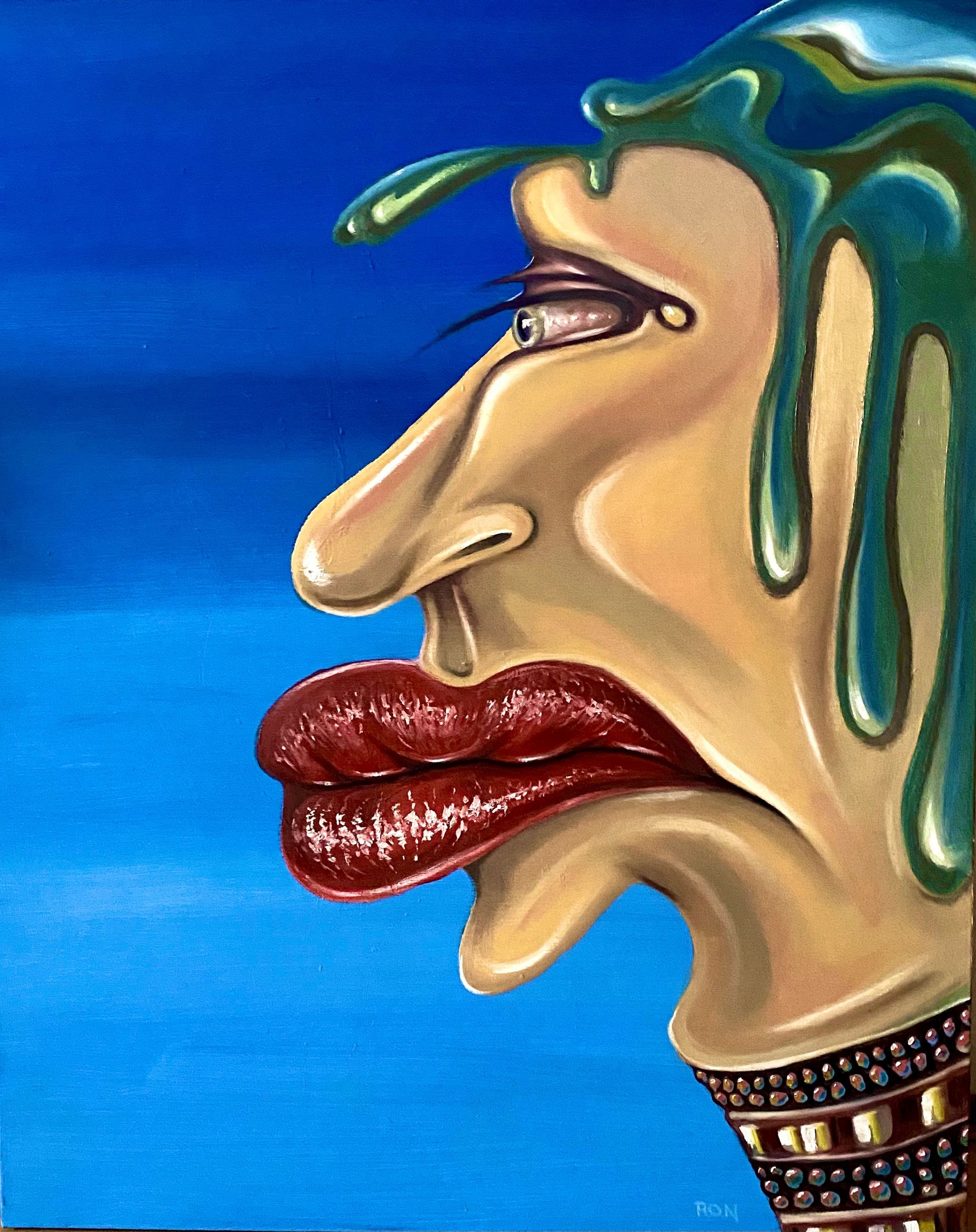 Surrealistisch geschilderd profiel met glanzende rode lippen, gedrapeerd groenblauw haar en een blauwe achtergrond.