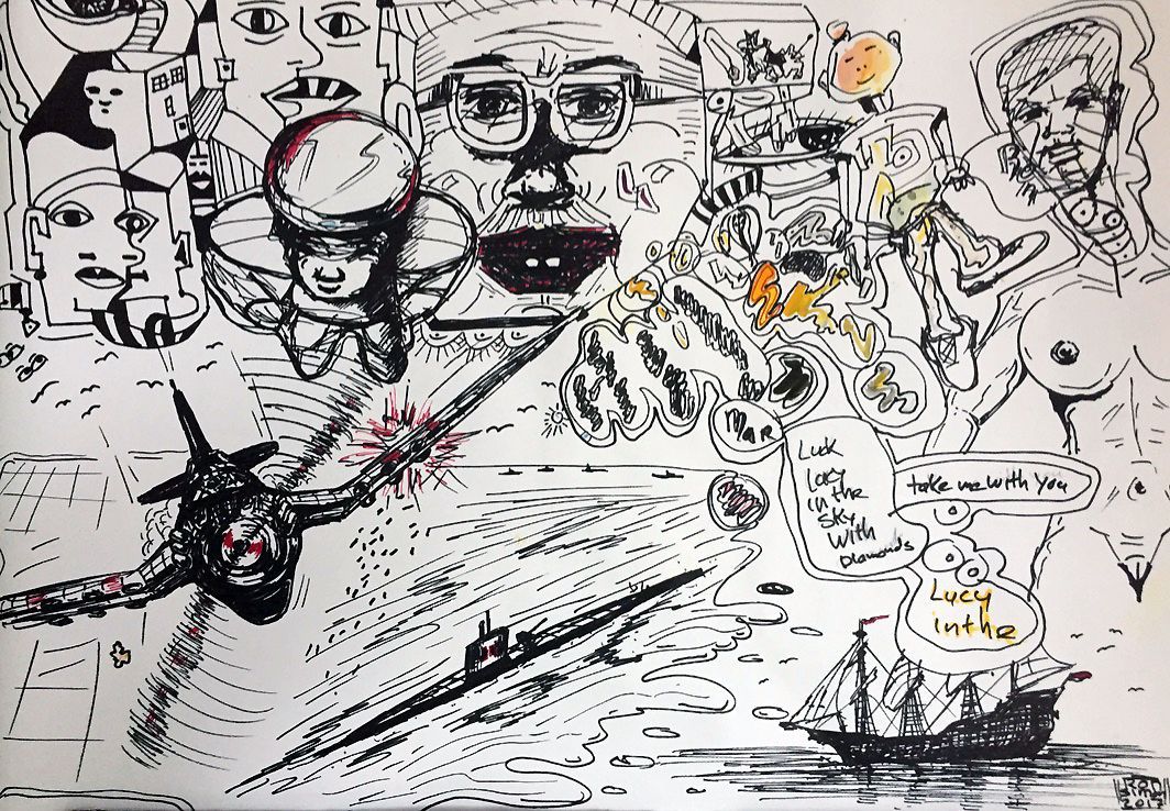 Zwart-wit collage van geschetste gezichten, abstracte figuren en gekrabbelde aantekeningen op een drukke pagina.