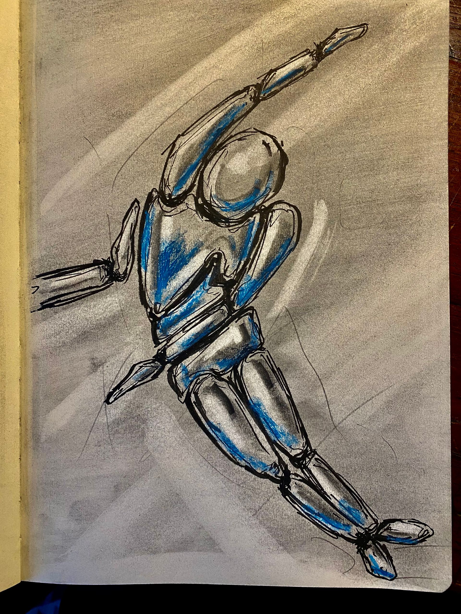 Blauw-grijze schets van een dynamische humanoïde figuur die diagonaal over een gestructureerde achtergrond beweegt.