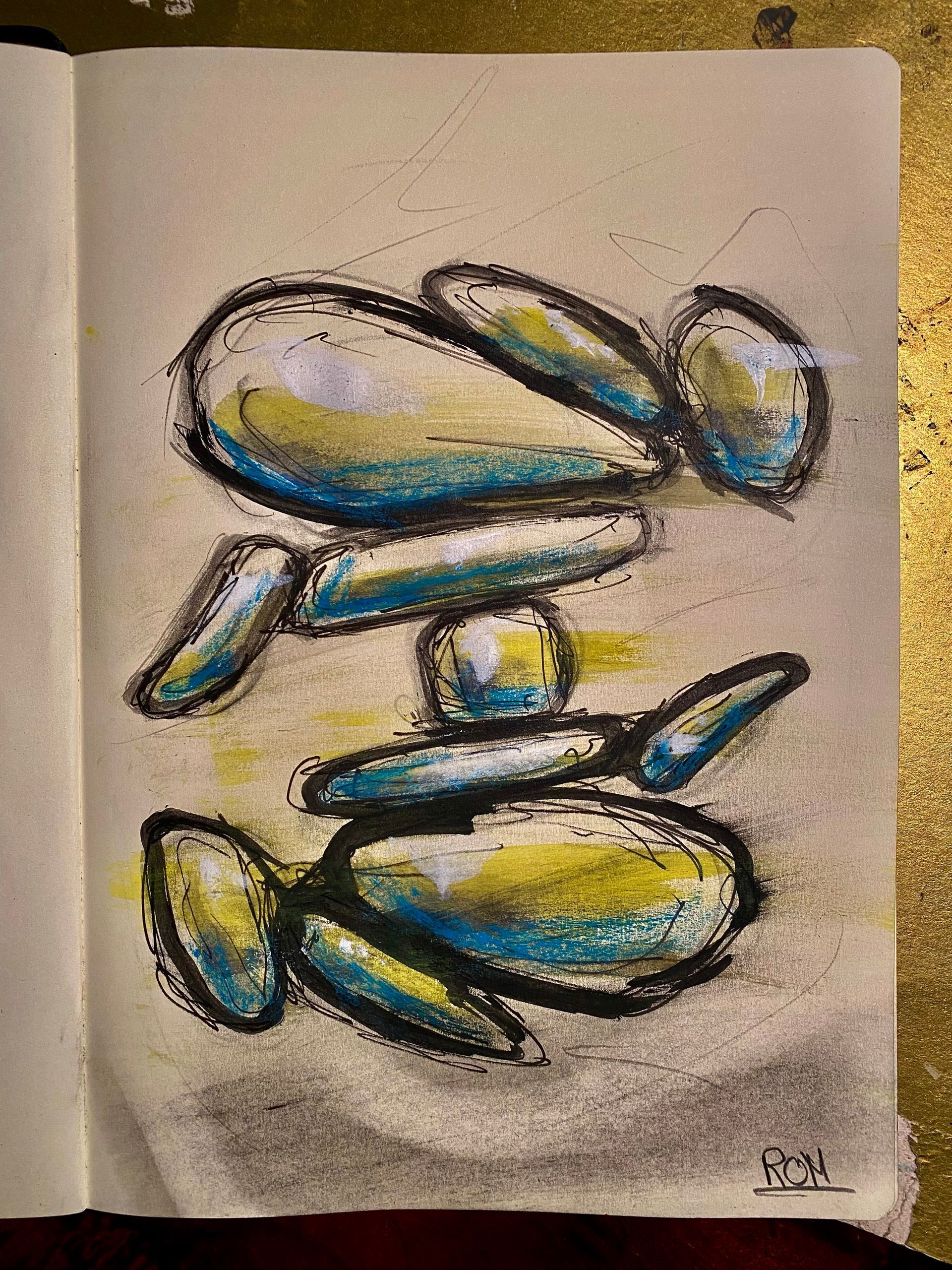 Abstracte, kleurrijke tekening in ballonhondstijl in blauw, geel en zwart op wit papier.