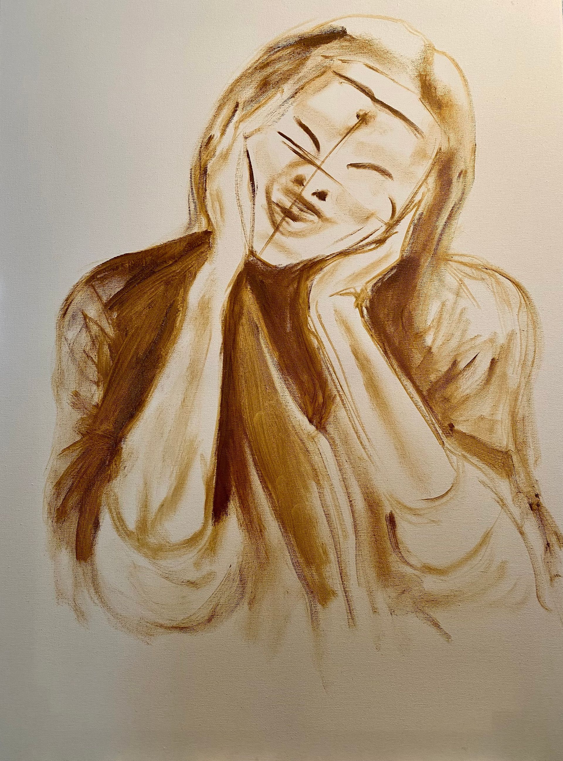 Sepia schets van een glimlachend persoon die zijn gezicht in beide handen laat rusten tegen een witte achtergrond.