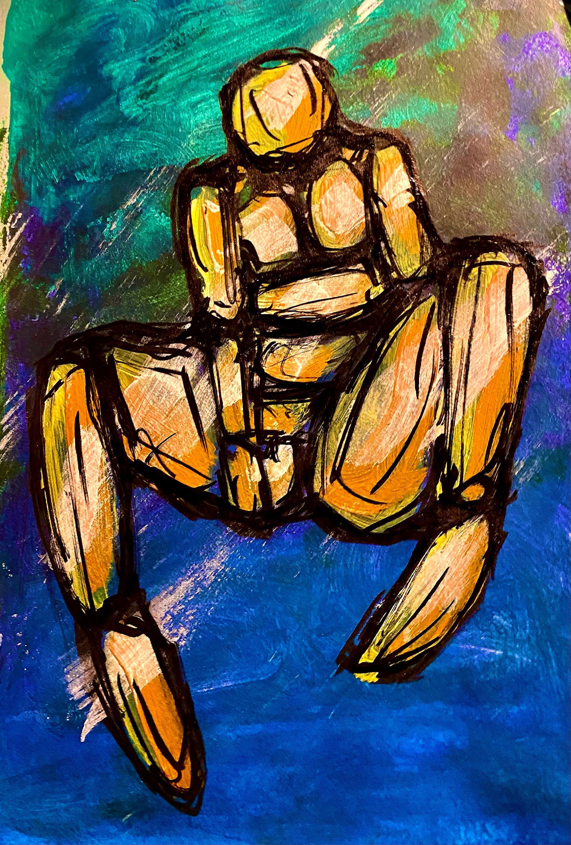 Abstracte figuur in geel en zwart, zittend tegen een achtergrond met een textuur in turquoise, paars en blauw.