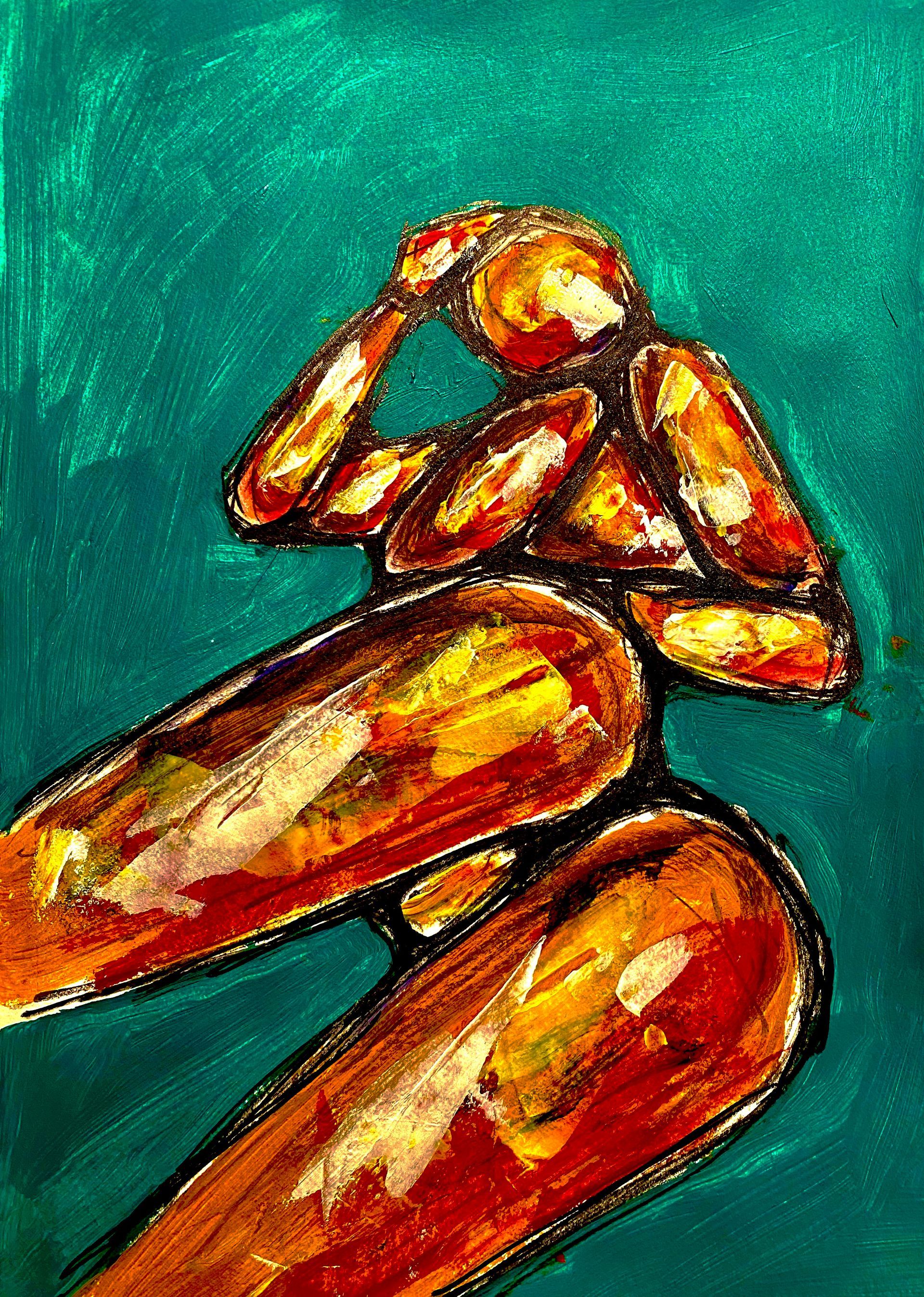 Abstract schilderij van een zittende figuur in oranje en geel op een turquoise achtergrond.