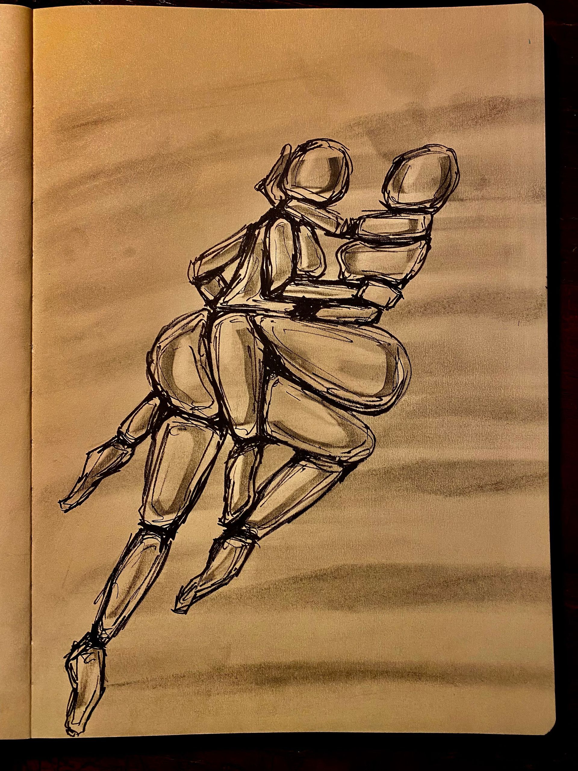 Schets van twee omhelzende figuren, getekend in zwart op lichtbruin papier.