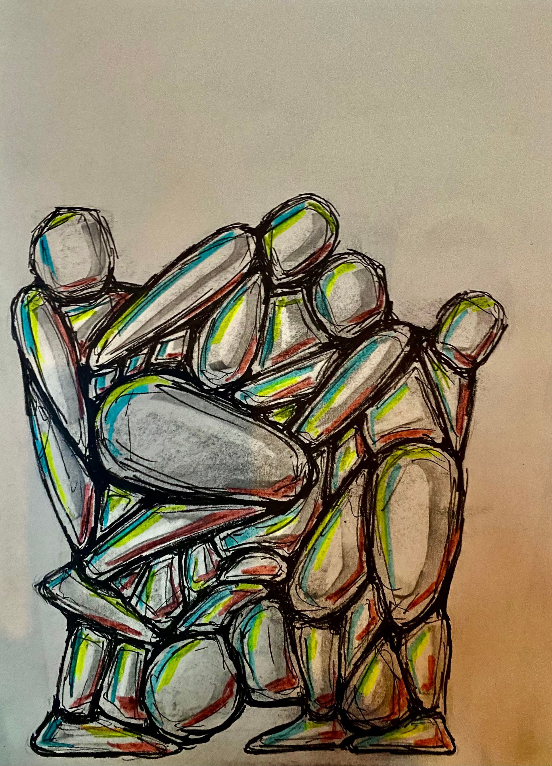 Abstracte, kleurrijke schets van vier figuren die elkaar omarmen, omlijnd in zwart op beige papier.