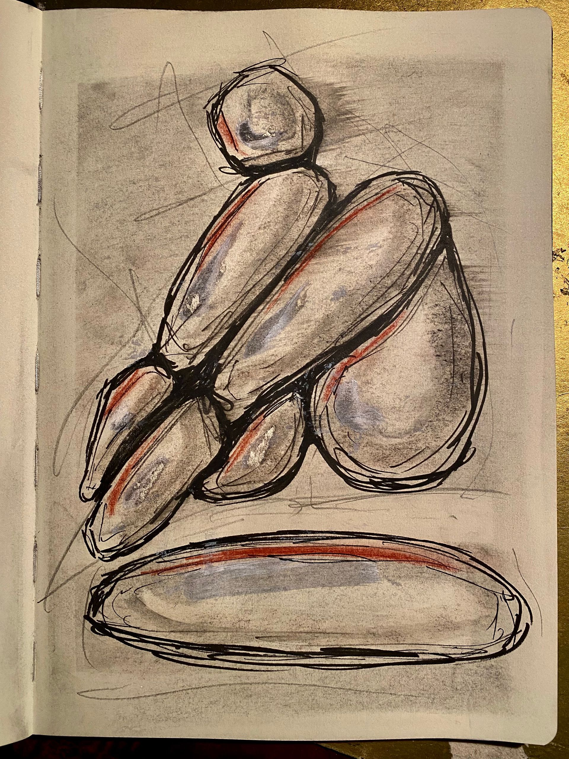 Abstracte houtskoolschets van gestapelde ronde stenen met rode accenten op beige papier.