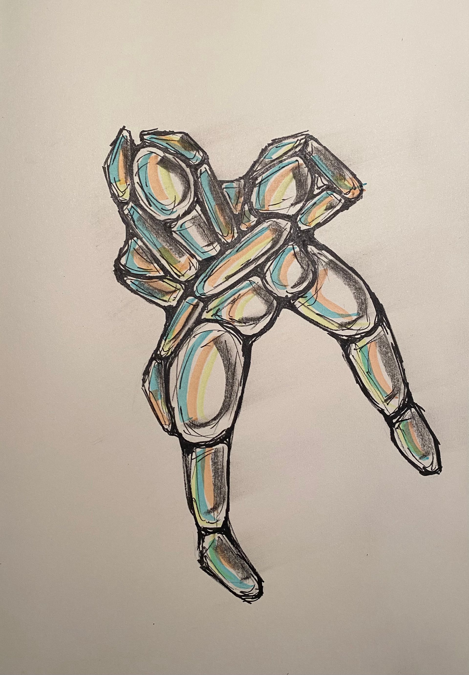 Abstracte, kleurrijke schets van een beweegbare, robotachtige figuur op een beige achtergrond.