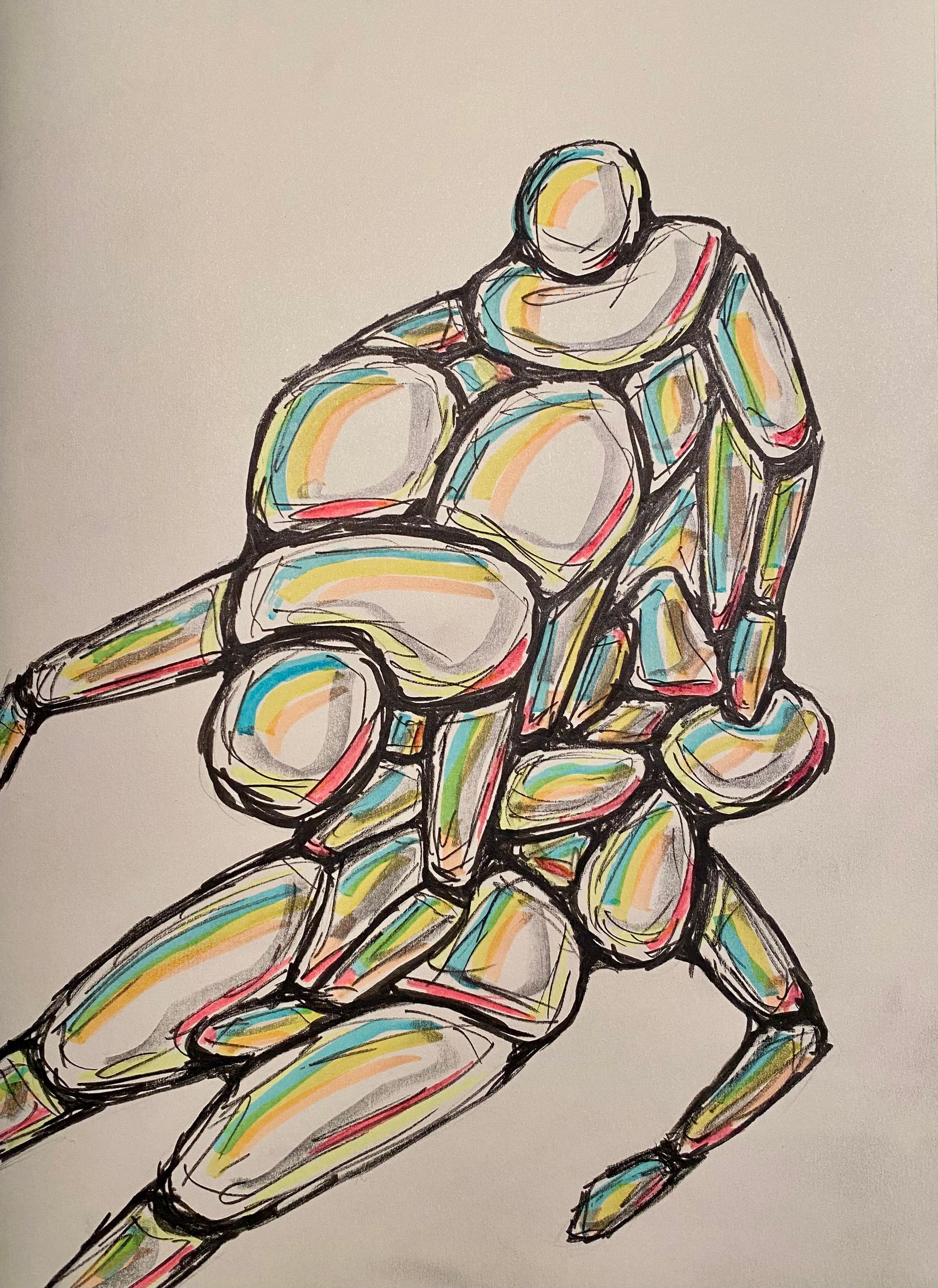 Abstracte, kleurrijke schets van twee in elkaar verstrengelde mensfiguren in beweging op een beige achtergrond.