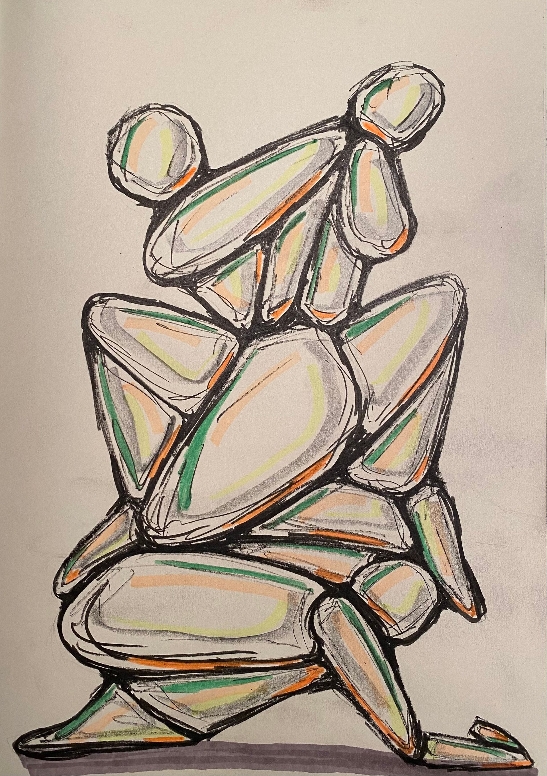 Abstracte lijntekening van twee gestileerde figuren in een zittende omhelzing, omlijnd in zwart met pastelkleurige accenten op een witte achtergrond.