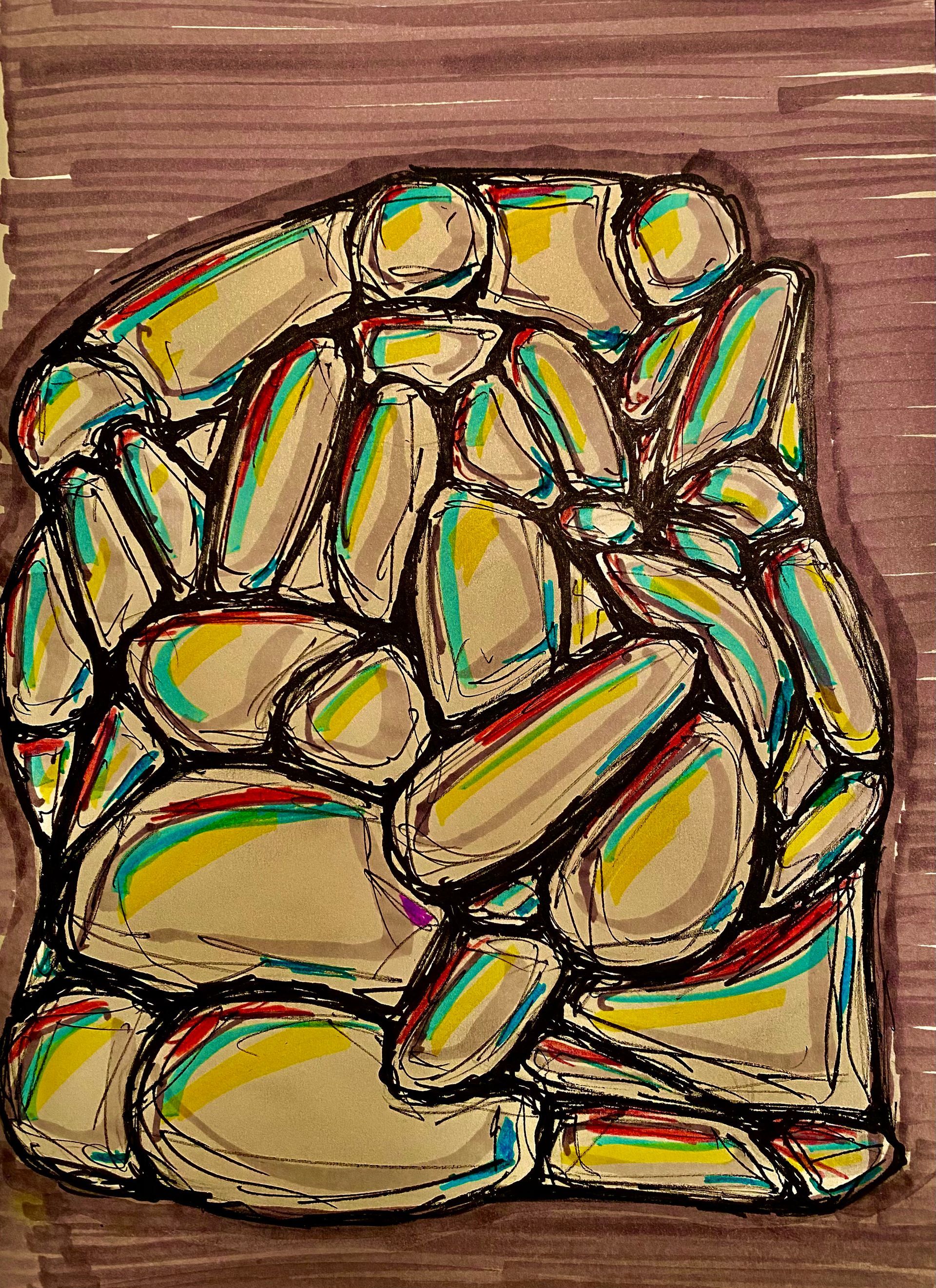 Abstracte schildering van overlappende stenen in beige, crème en groen op een bruine achtergrond.
