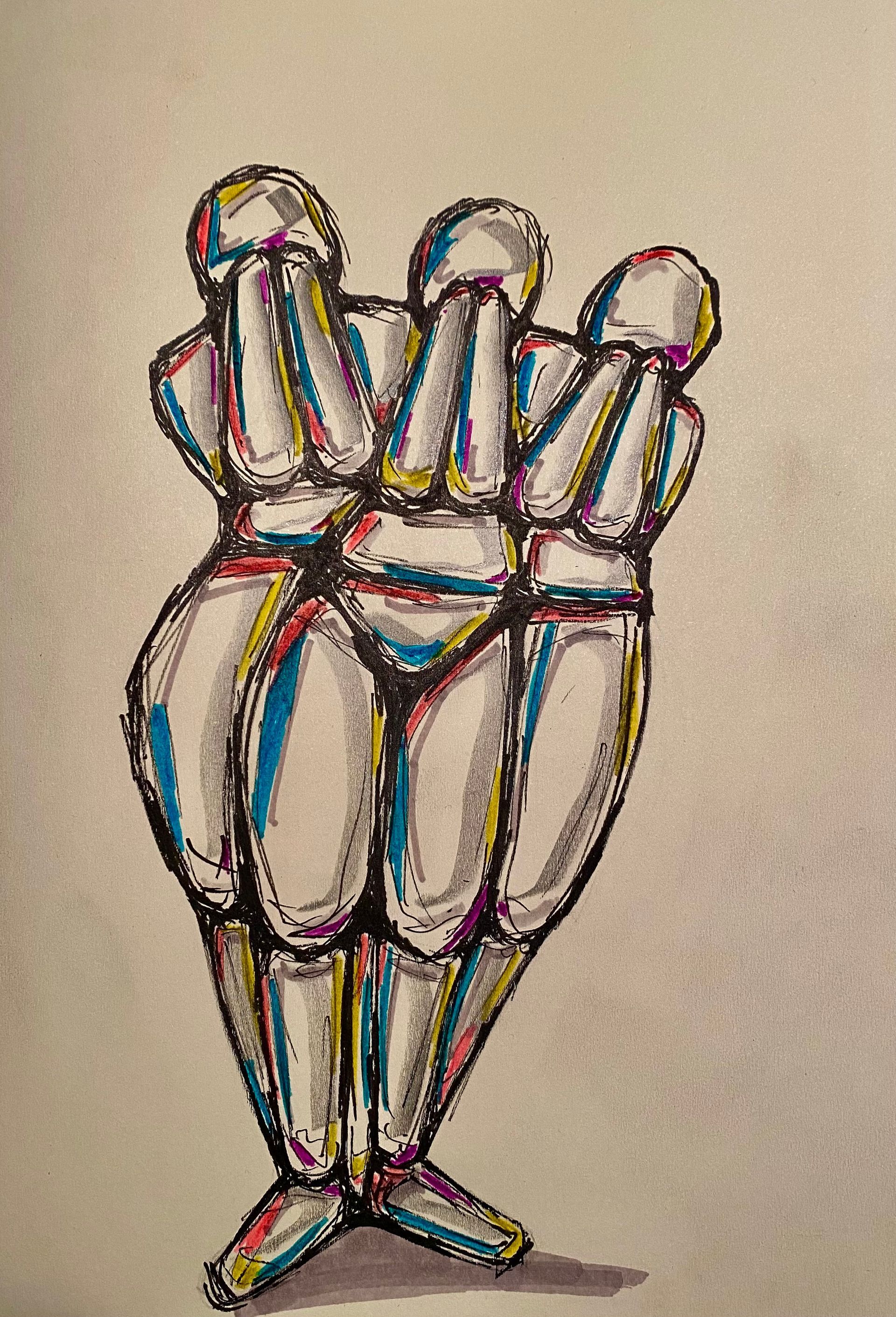 Drie gestileerde bowlingkegels, omlijnd met veelkleurig neon op een beige achtergrond.