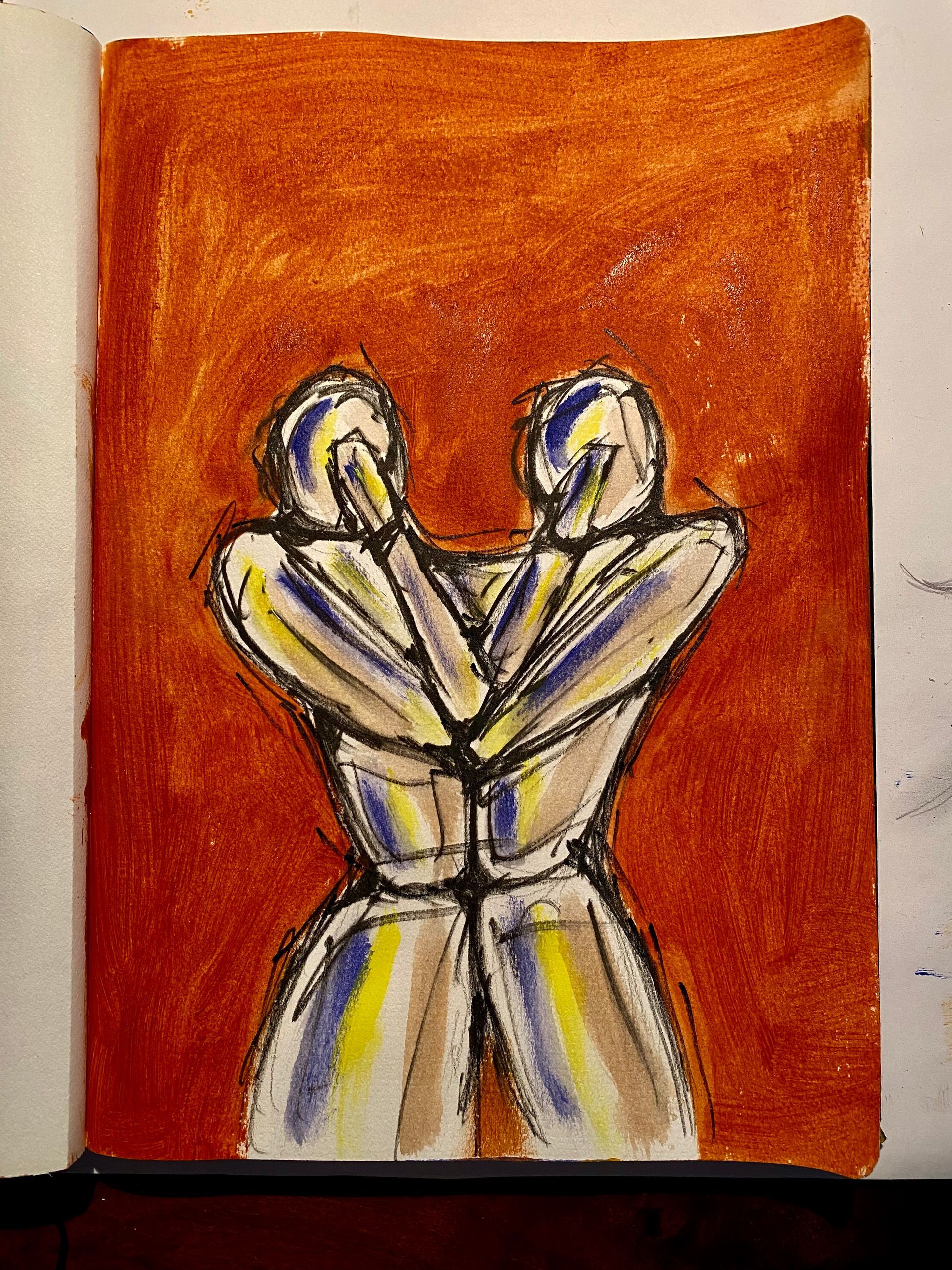 Twee abstracte, spiegelende figuren die elkaar omarmen op een oranje achtergrond, omlijnd in zwart en geel.