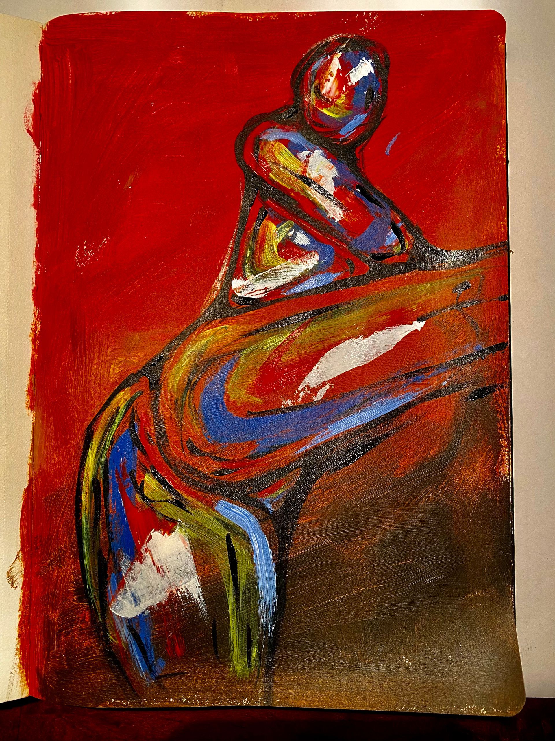 Abstract schilderij van een zittende figuur in krachtige rode, blauwe en gouden penseelstreken op een gestructureerd canvas.