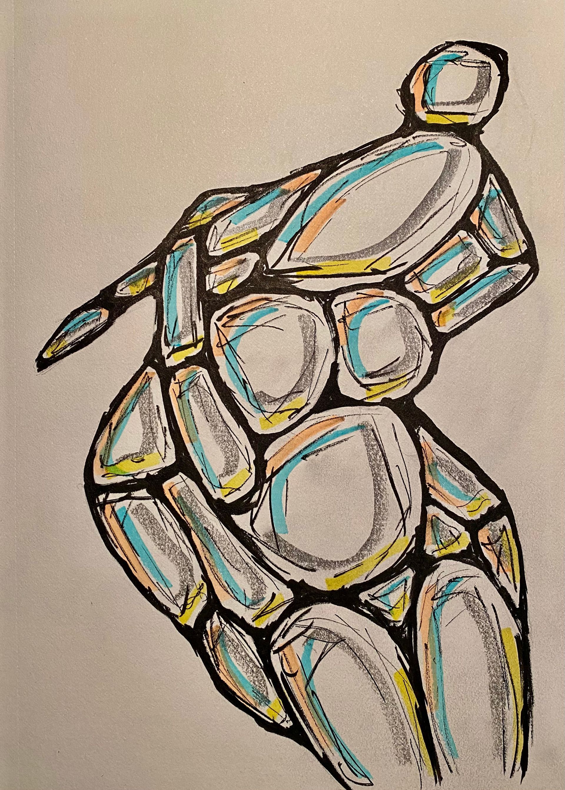 Abstracte, omlijnde mensfiguur in zwart, wit, blauw en geel, voorovergebogen op een beige achtergrond.