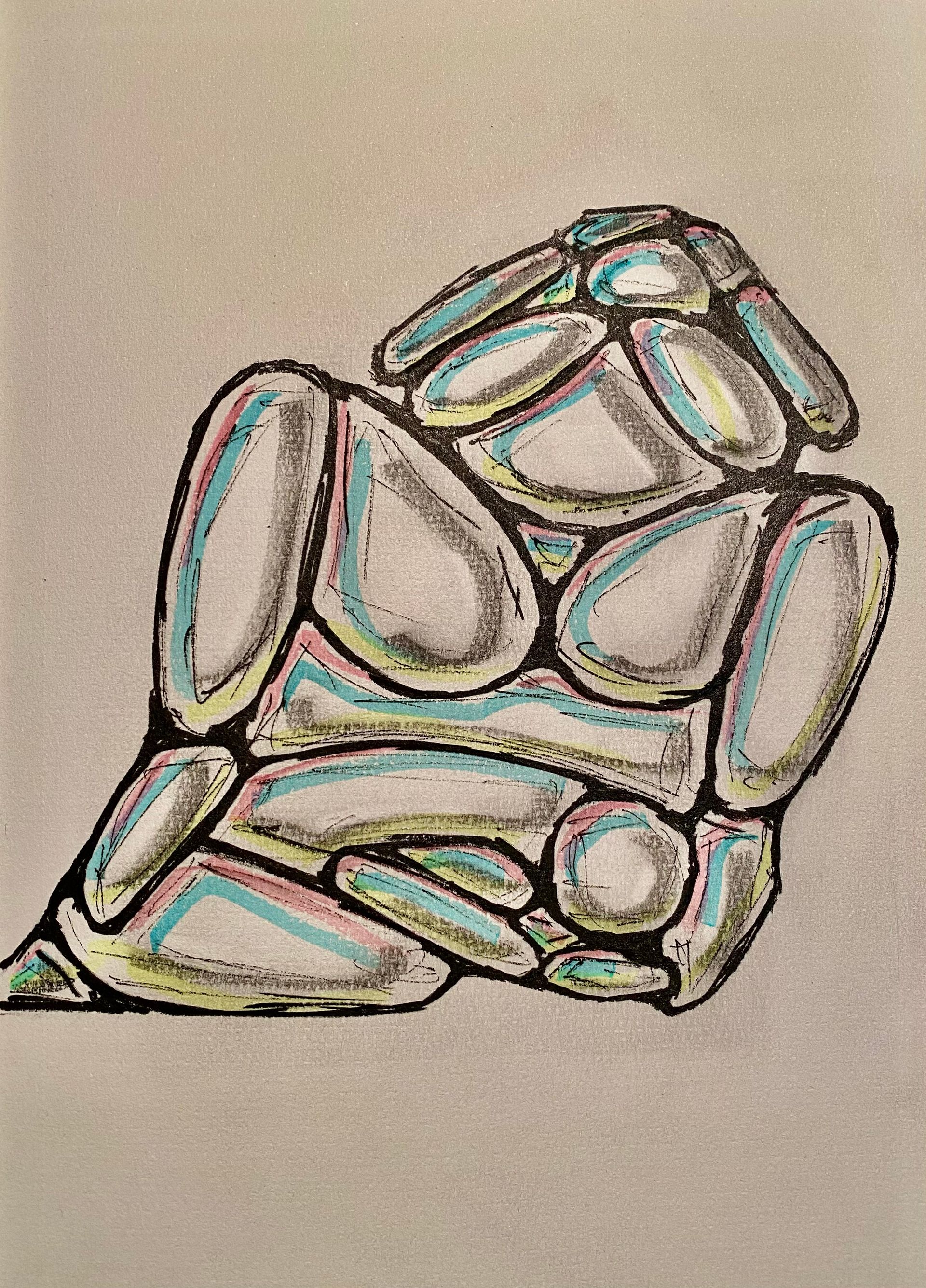 Abstracte, veelkleurige schets van gestapelde, afgeronde stenen, omlijnd in zwart op een beige achtergrond.