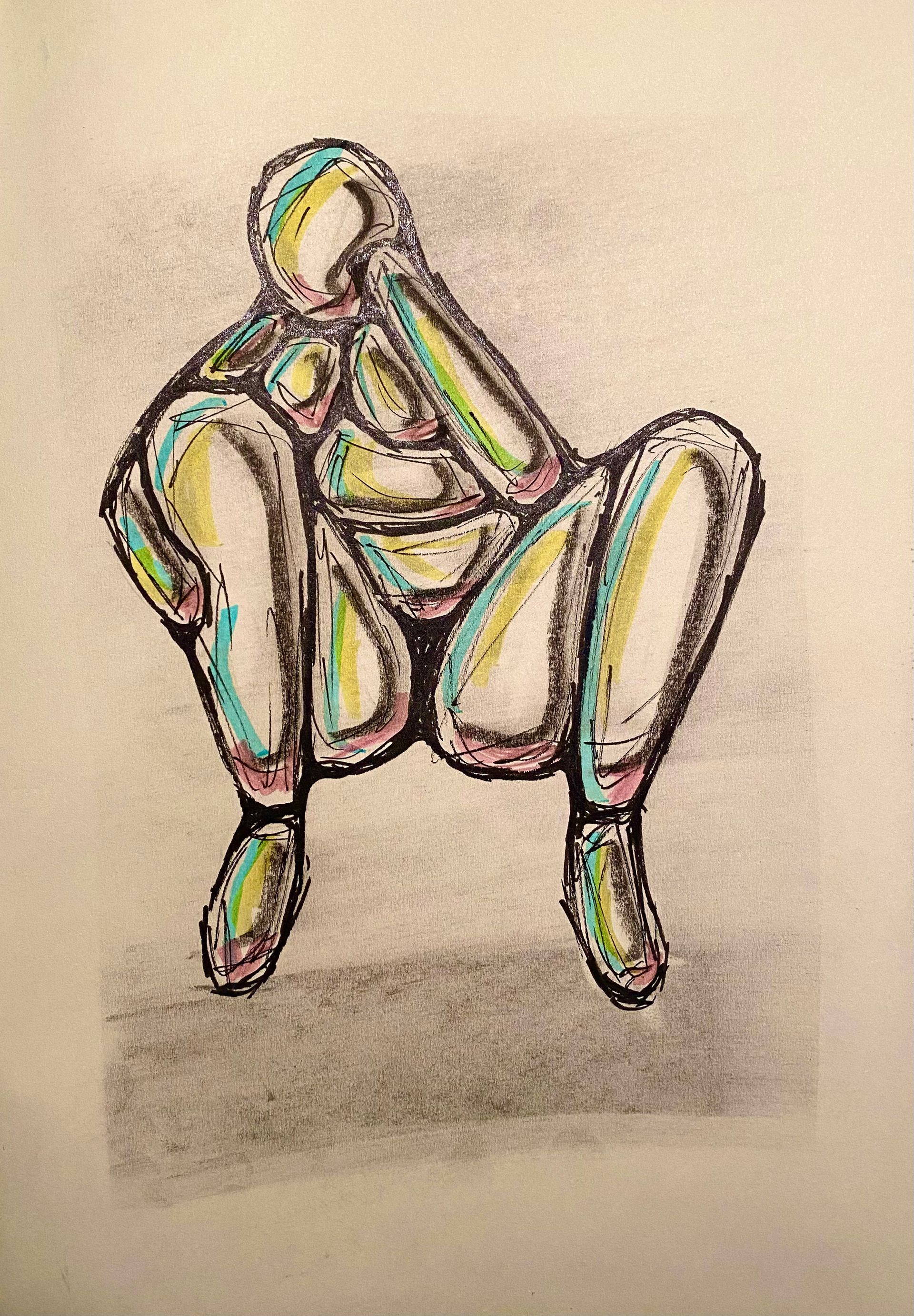 Abstracte, veelkleurige lijntekening van een zittende figuur met gebogen knieën op een beige achtergrond.